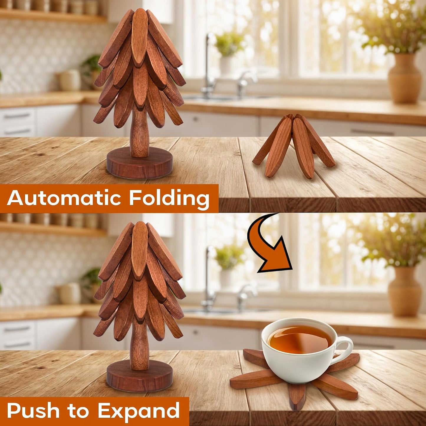 Wooden Trivets for Hot Dishes, Wooden Tree Trivet Set of 4 for Easy Storage - Suited for Hots, Pans/Bowl, Teapot, Hot