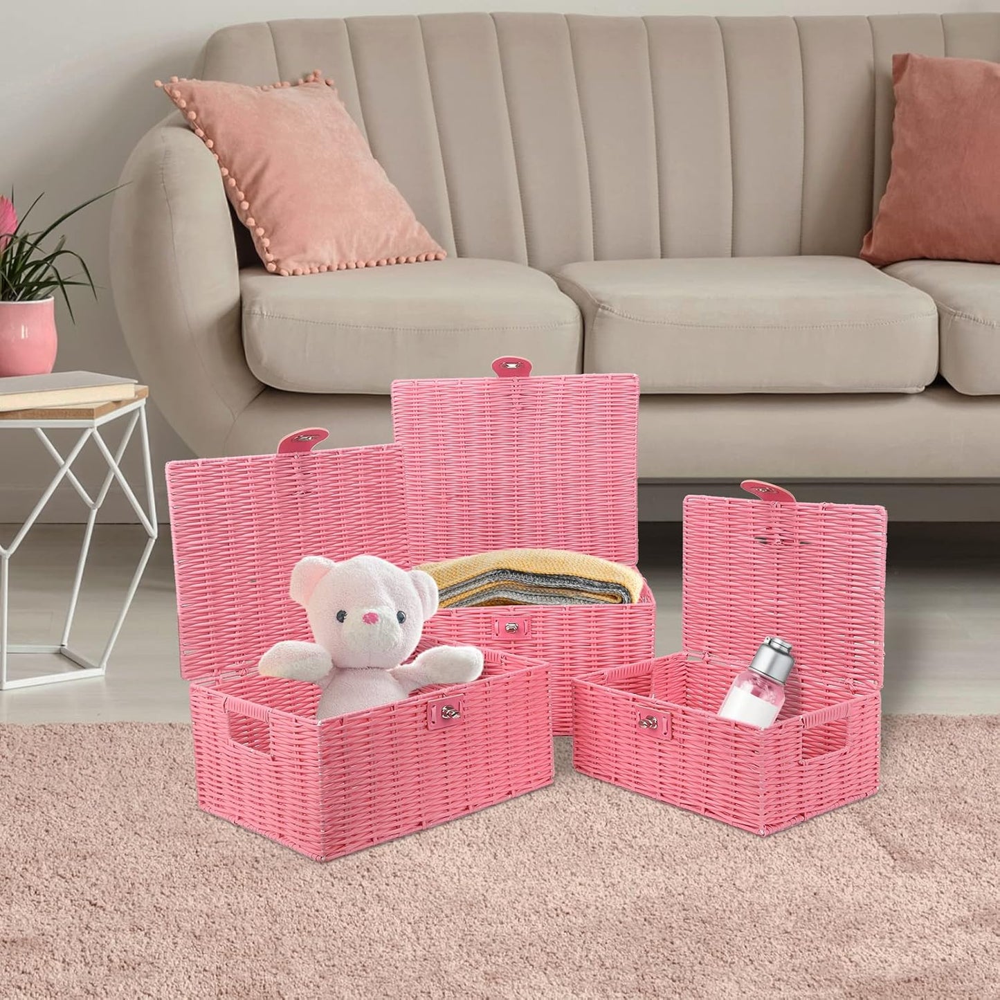 Woven Basket / Wicker Storage Baskets / Pink / Set of 3