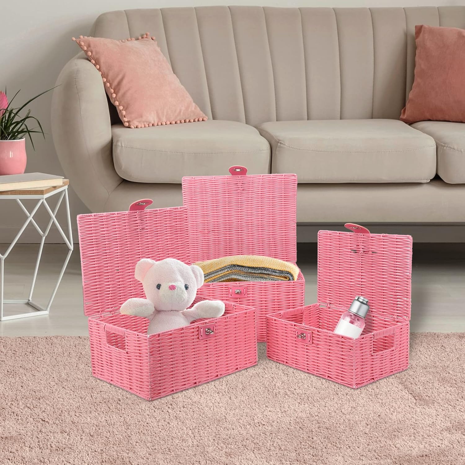 Woven Basket / Wicker Storage Baskets / Pink / Set of 3
