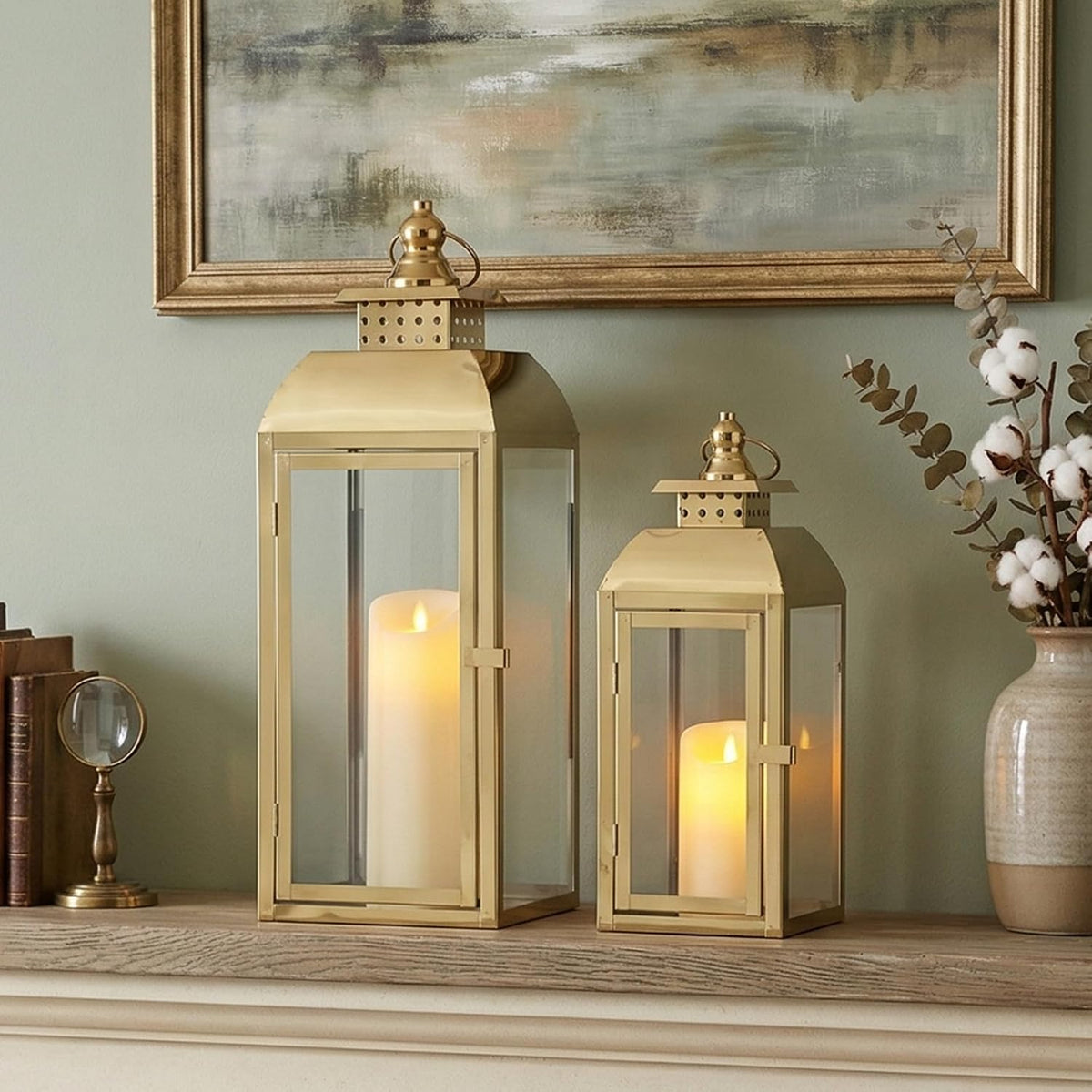 JHY DESIGN Set of 2 Stainless Steel Decorative Candle Lanterns 20.5"&15" High Metal Candle Lanterns for Indoor Outdoor