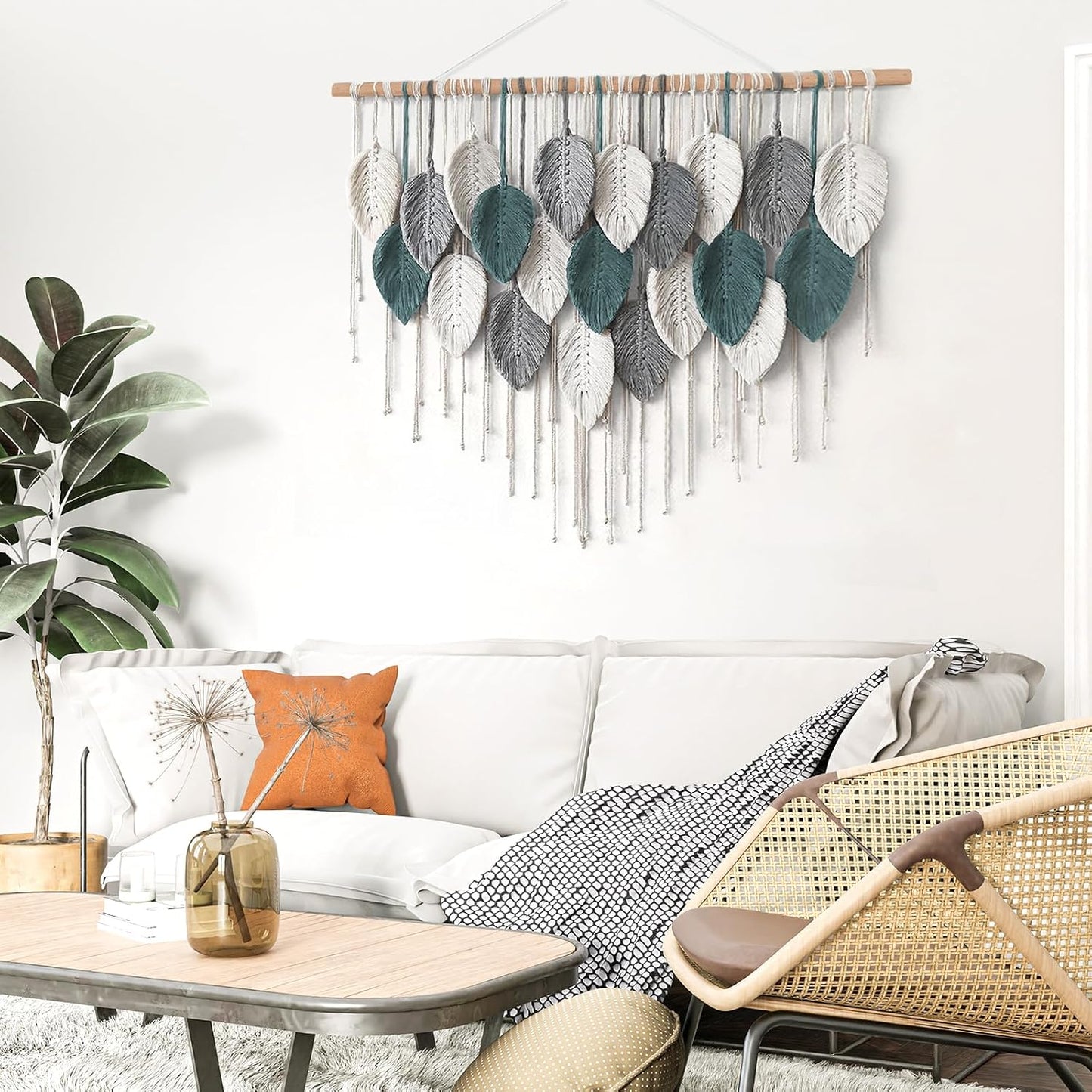 Large Macrame Wall Hanging Boho Home Decor / Grey Cyan-39"w x 29.5"L