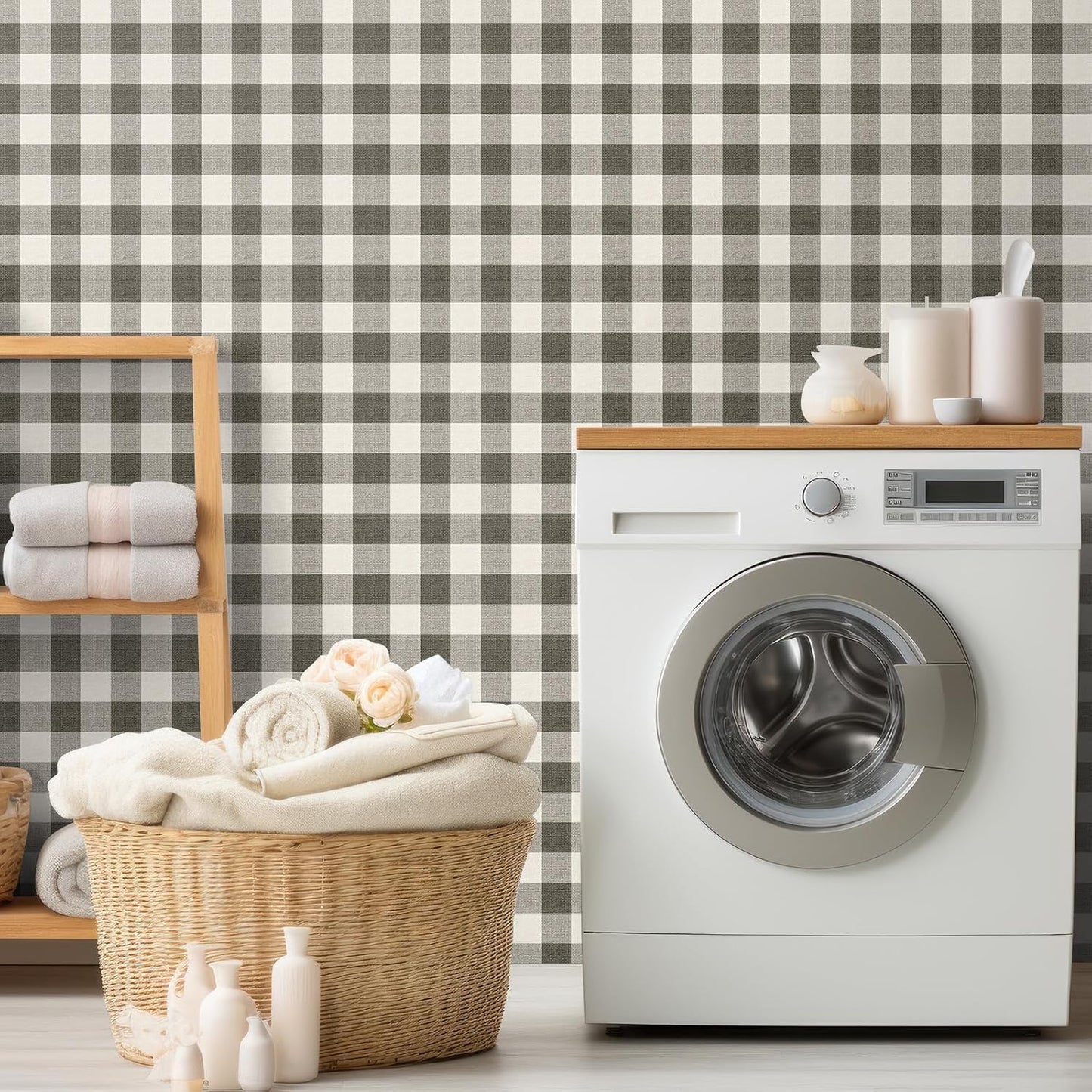 Plaid Textured Peel Stick Wallpaper " Boho Checkered Gingham Contact Waterproof / Black / 15.8 x 118