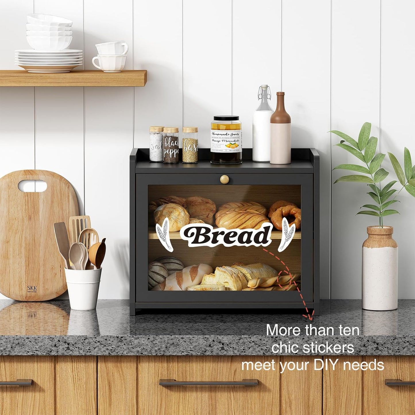 Goozii 2 Tier Bread Box for Kitchen Countertop Black, Double Layer Breadbox for Counter Top, Large Wood Vintage Bread