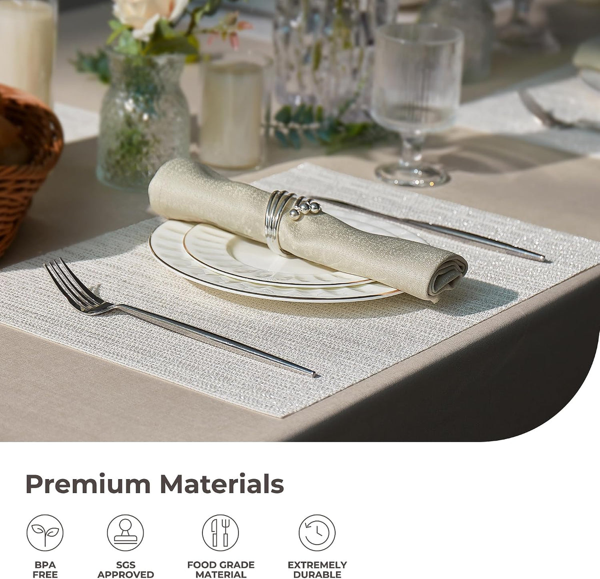 Leetaltree Woven Vinyl Placemats Set of 24,White and Silver | High Density，Stain Resistant, Easy to Clean, Washable