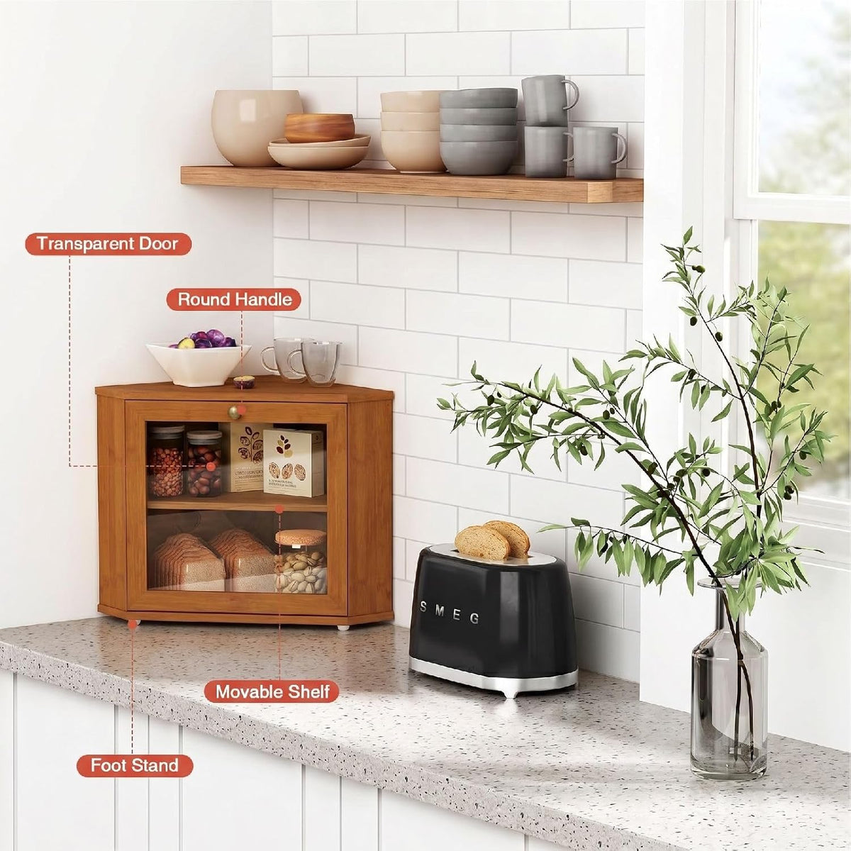 Goozii Walnut Brown Corner Bread Box for Kitchen Countertop, Double Layer Breadbox for Homemade Sourdough Bread, Dark
