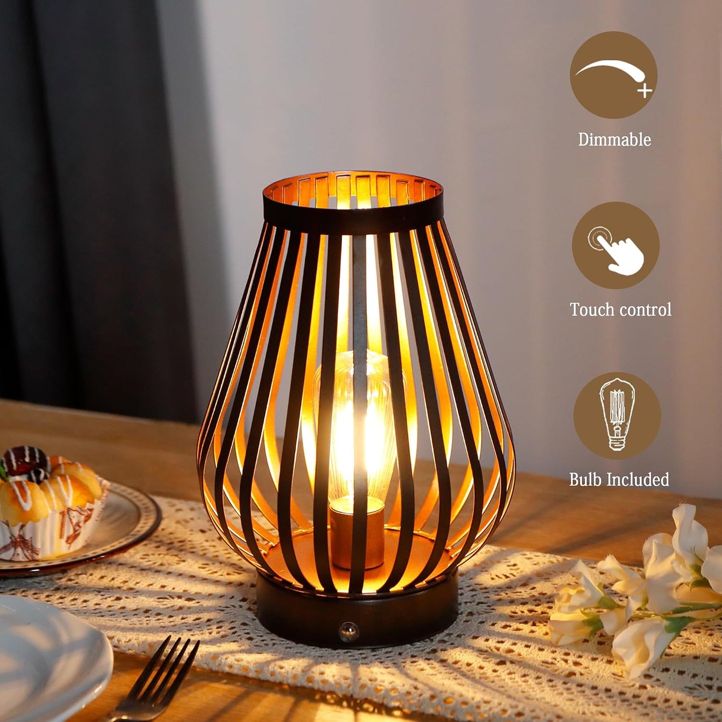 JHY DESIGN Dimmable Touch Bedside Table Lamp 8.5''H Rechargeable Battery Powered Lamp with LED Edison Style Bulb