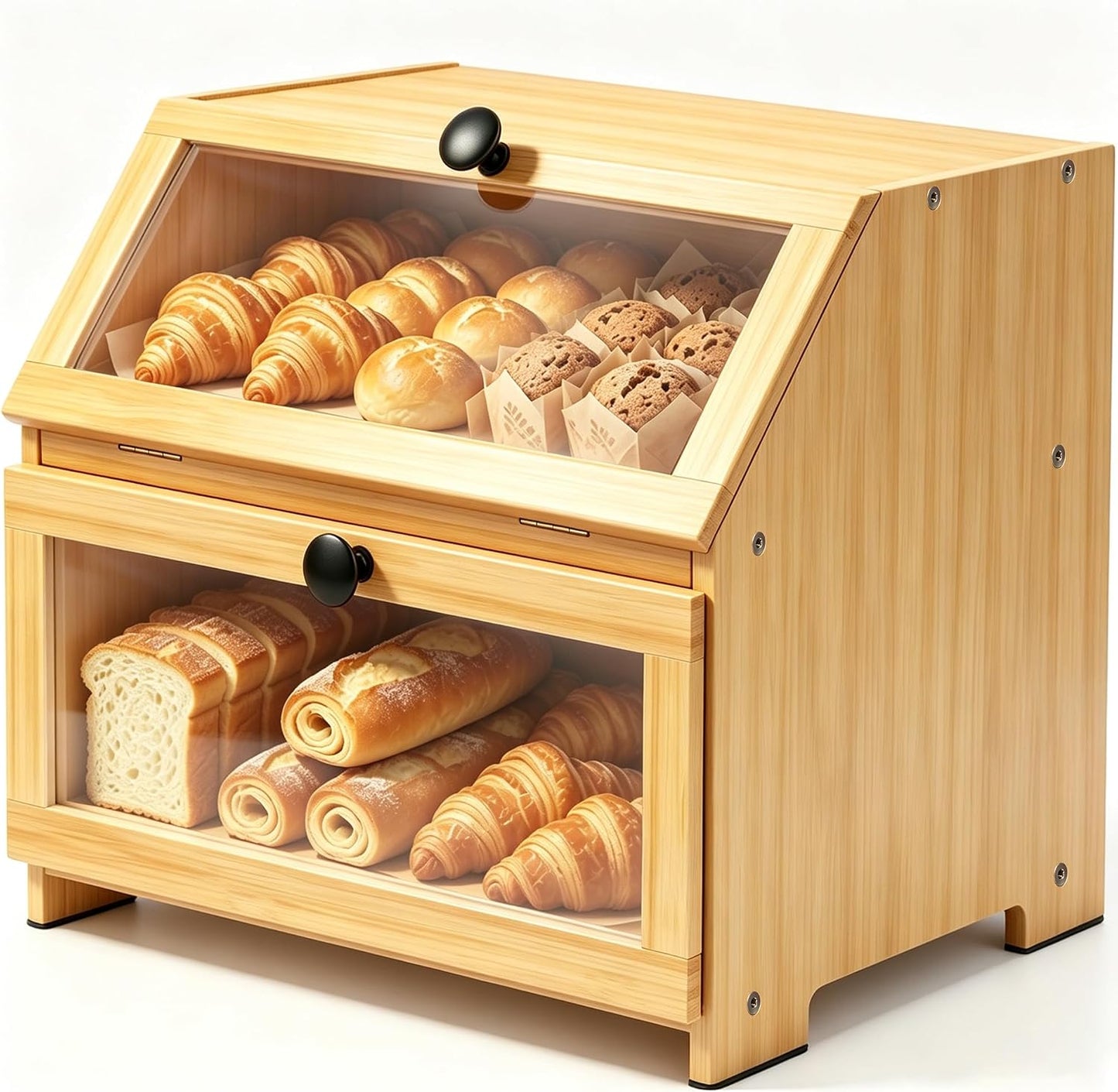 Bamboo Bread Box for Kitchen Countertop, Large Bread Storage Container Bin 2 Layer Breadbox Holder for Kitchen Counter