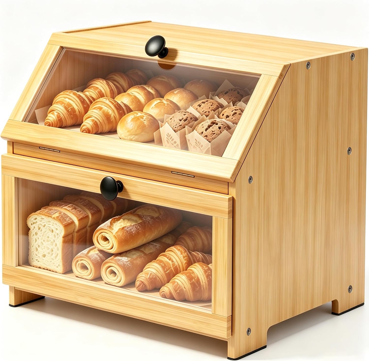 Bamboo Bread Box for Kitchen Countertop, Large Bread Storage Container Bin 2 Layer Breadbox Holder for Kitchen Counter
