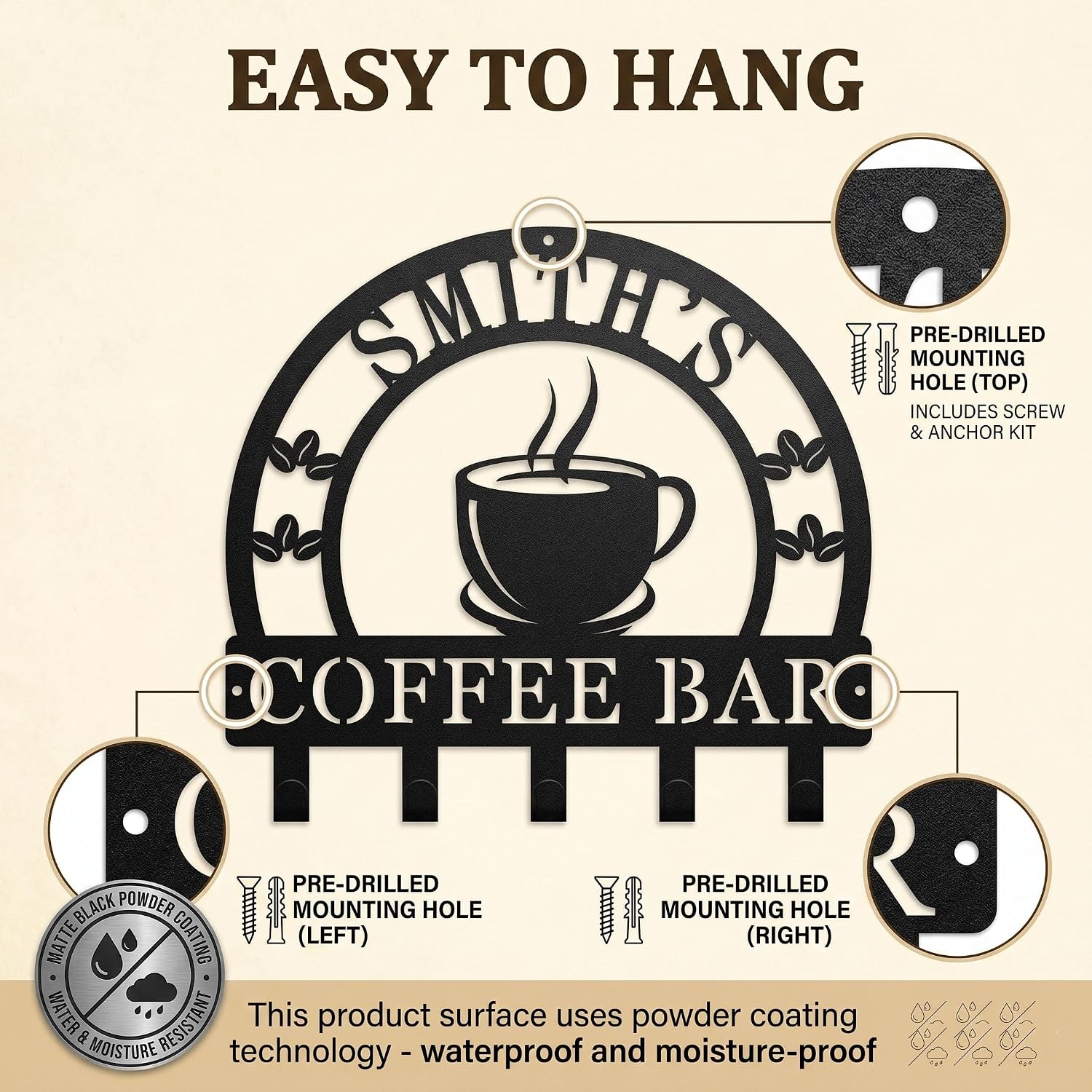 Personalized Coffee Mug Holder Wall Mounted, Custom Name Metal Coffee Bar Sign, Modern Coffee Station Decor & Cup Rack
