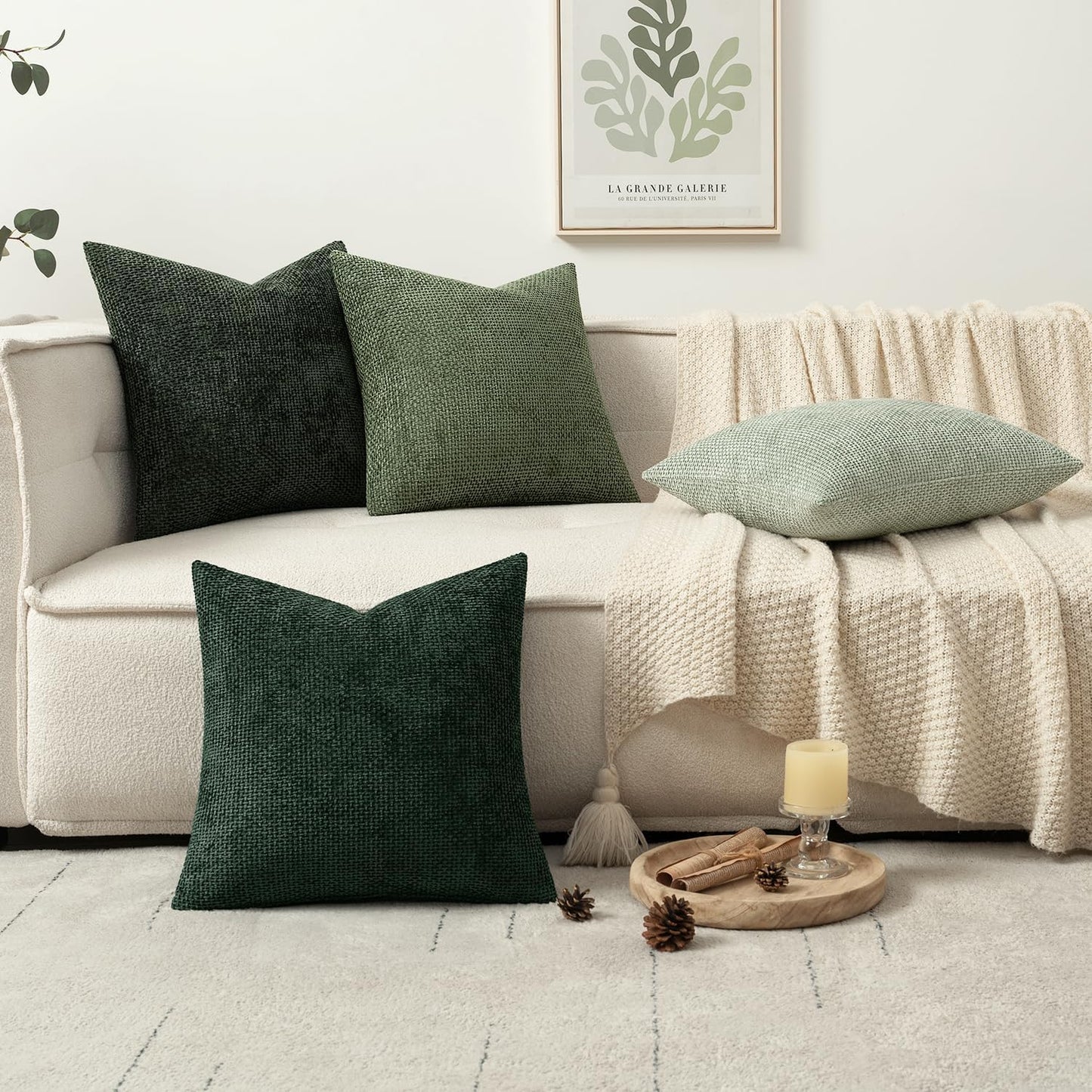 Couch Throw Pillow Covers Soft Decorative Chenille Pillow Covers / 18 x 18 / Green / Set of 4