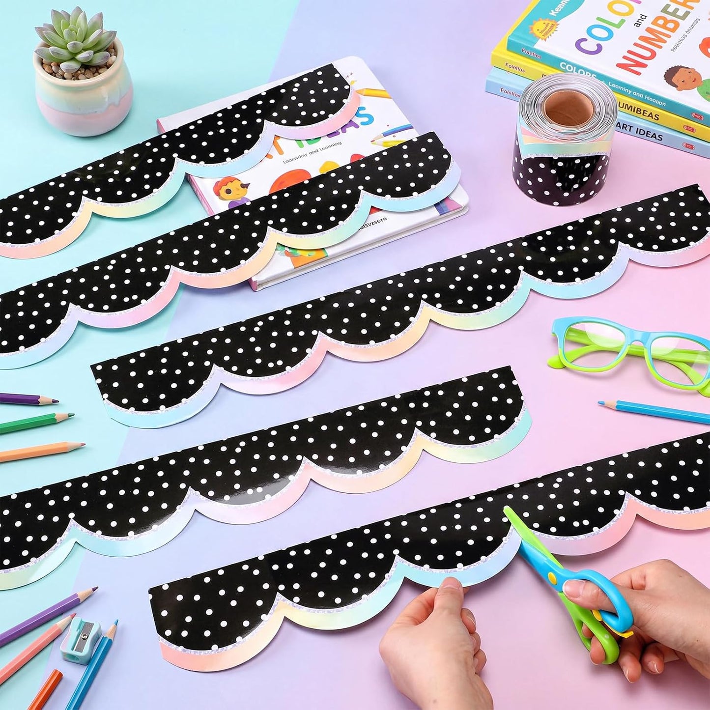 Bulletin Board Borders for Back to School Classroom and White Polka Dot Scalloped / Pastel / Black