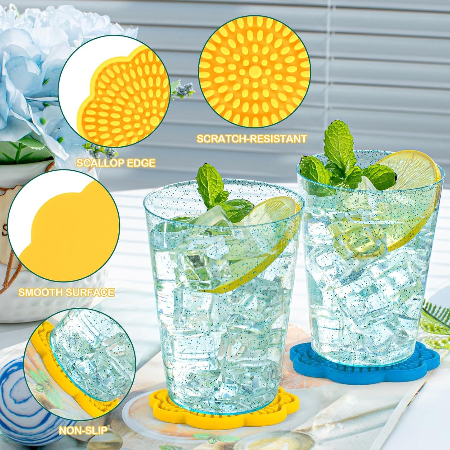 Colorful Silicone Coasters for Drinks Absorbent Scalloped Rainbow Coaster / 4.3 Inch / Set of 6