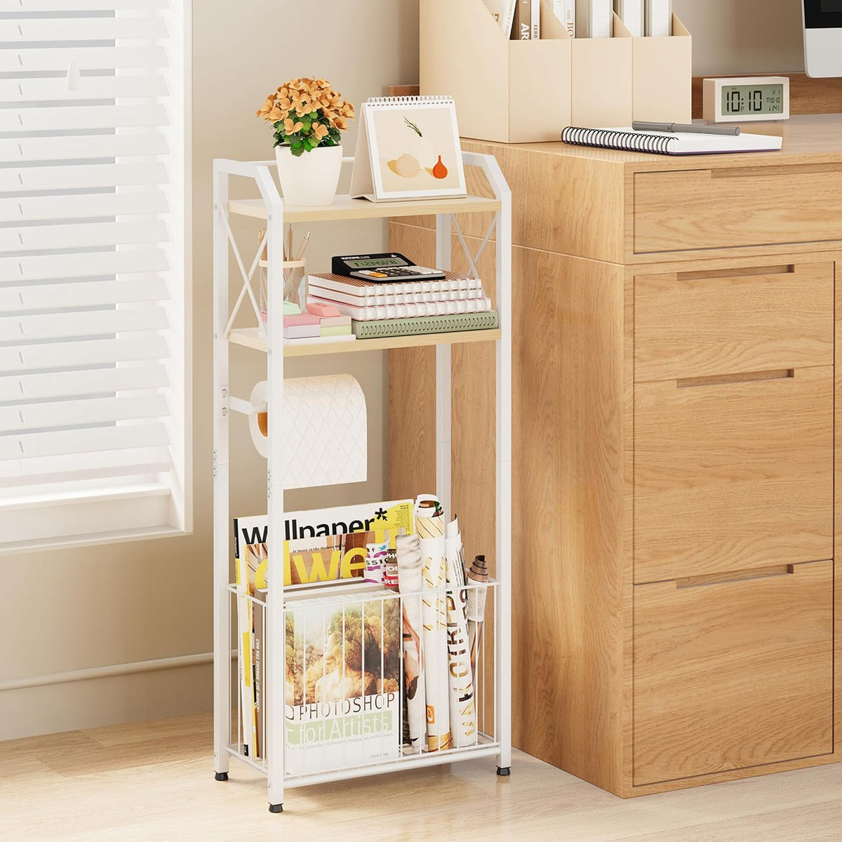 HapiRm Freestanding Toilet Paper Holder - 4-Tier Bathroom Tissue Organizer with Wood Shelves and Large Basket, Toilet