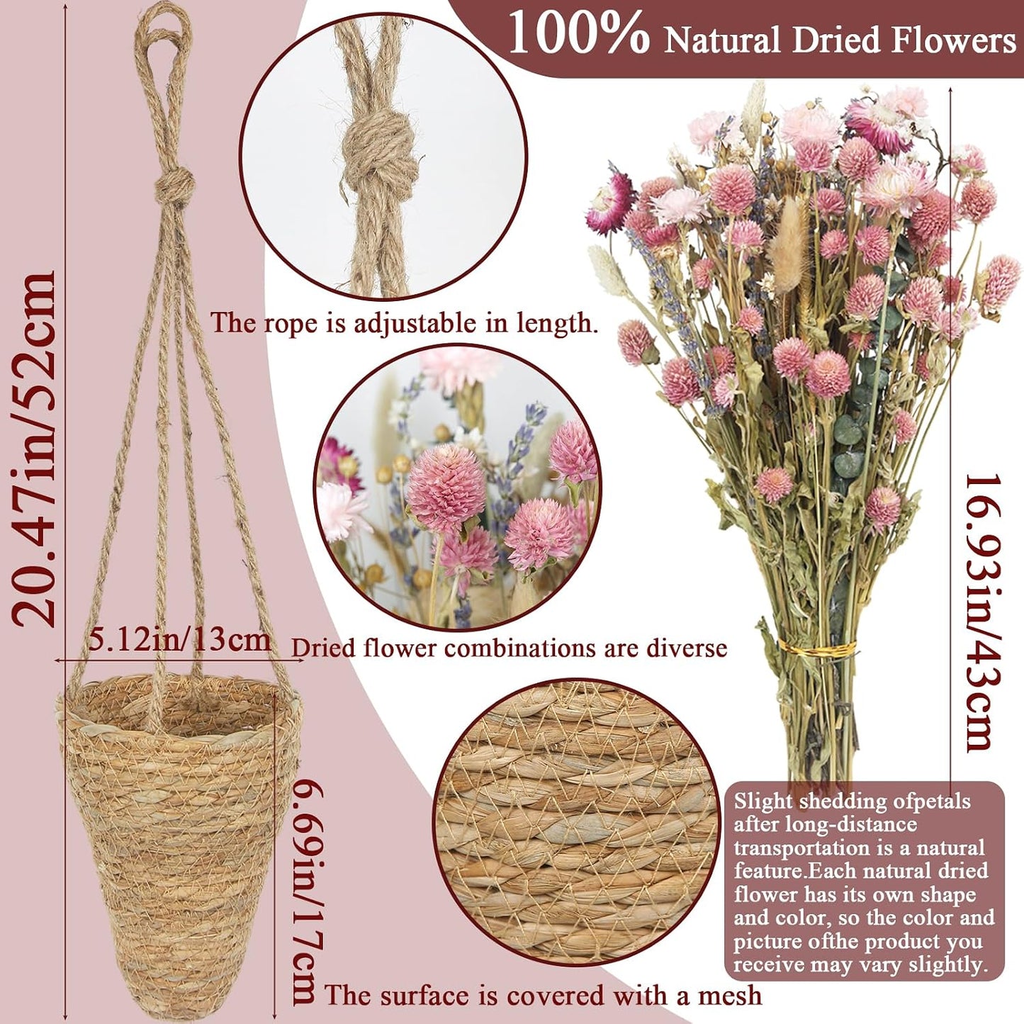 Front Door Basket Wreath Dried Flower Bouquet in Hanging Wicker Basket Lavender Eucalyptus / Natural