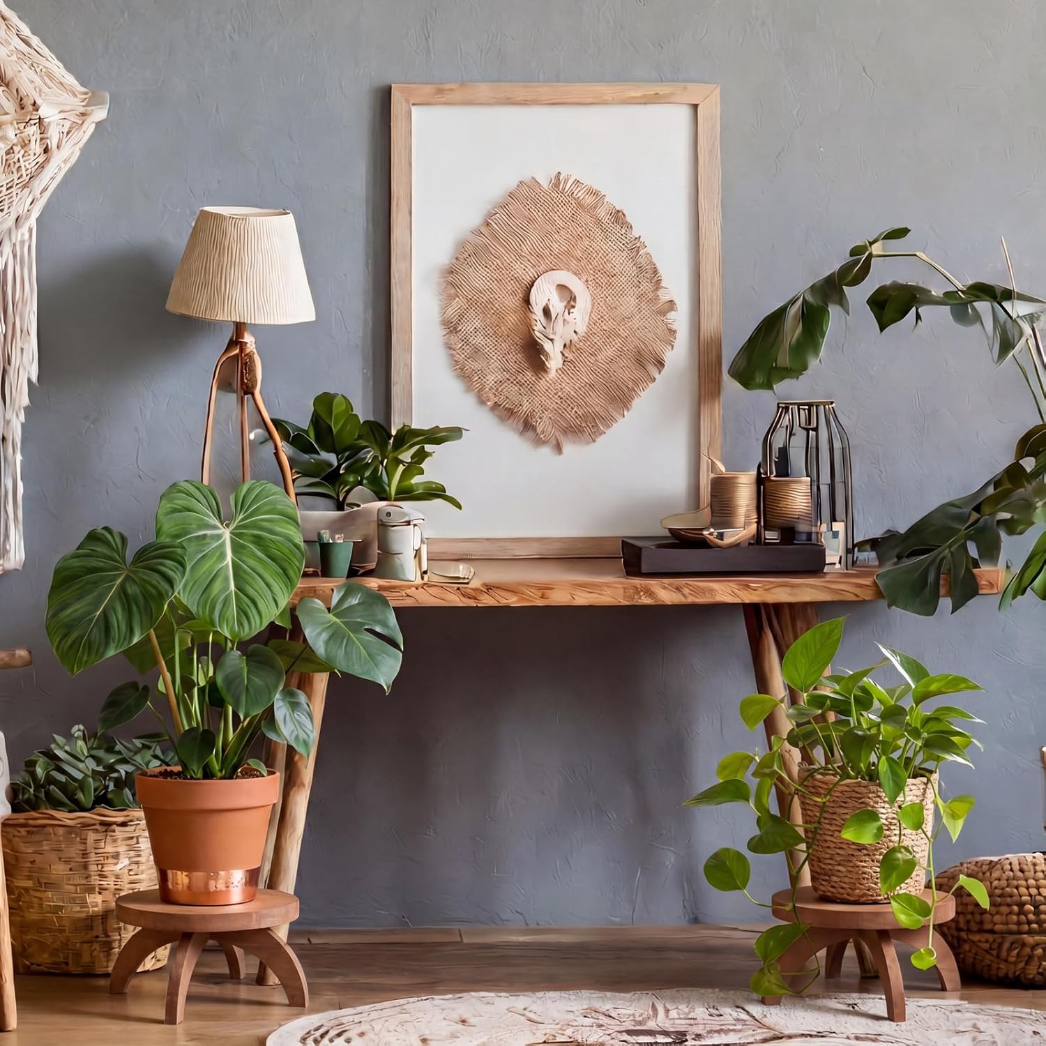 Short Plant Stand Small Wood Plant Stool Low Wood Riser Pedestal / Round / Rustic Color / Set of 2