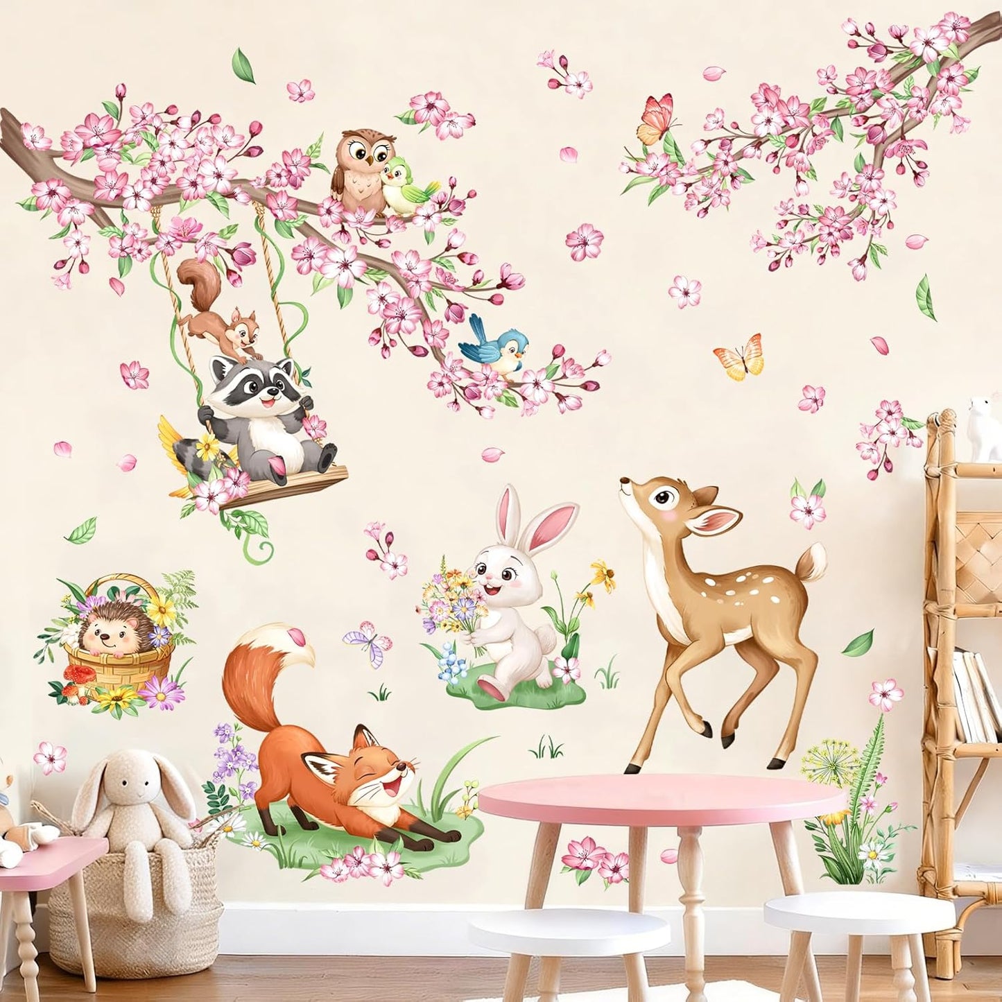 Woodland Animal Wall Decals Cherry Blossom Flower Tree Branch Deer Fox Wall Stickers for Girls Room