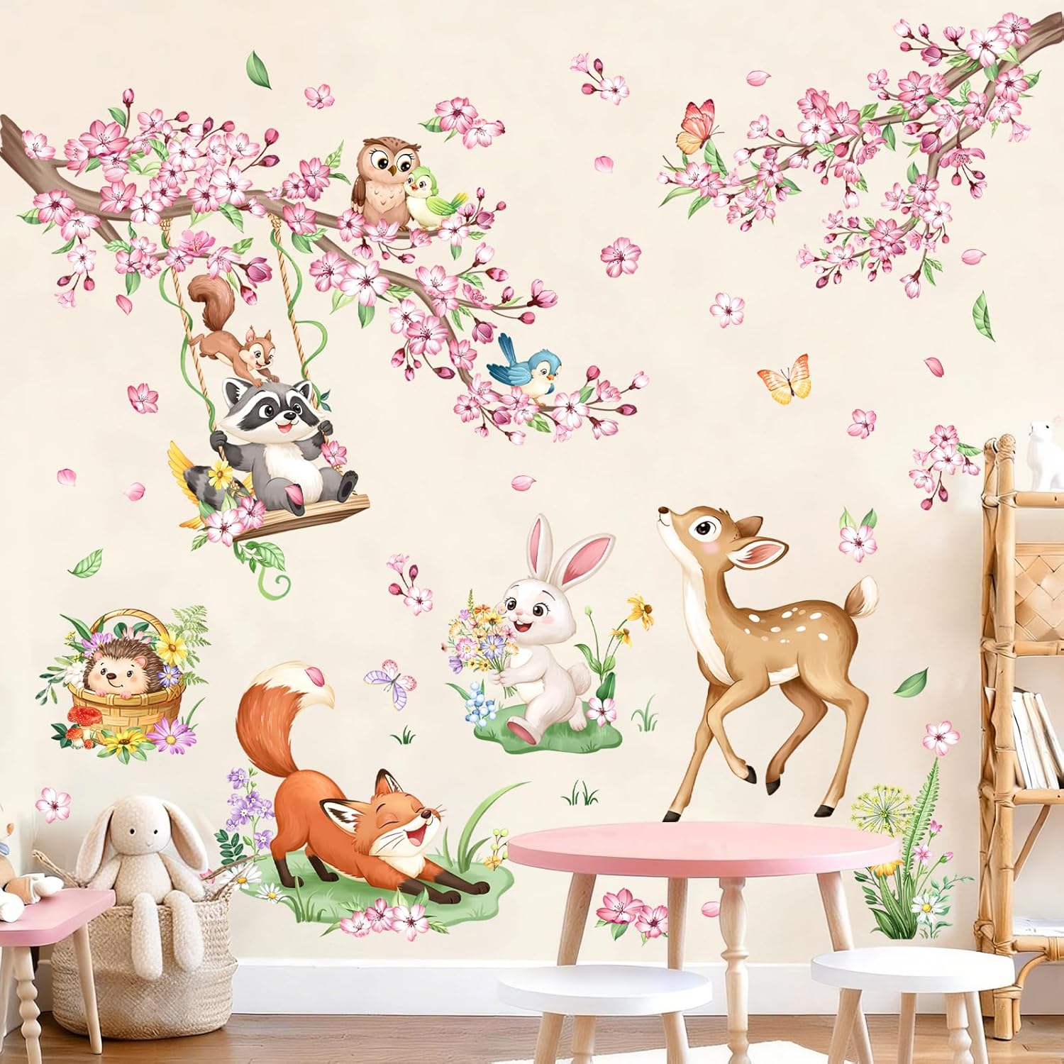 Woodland Animal Wall Decals Cherry Blossom Flower Tree Branch Deer Fox Wall Stickers for Girls Room
