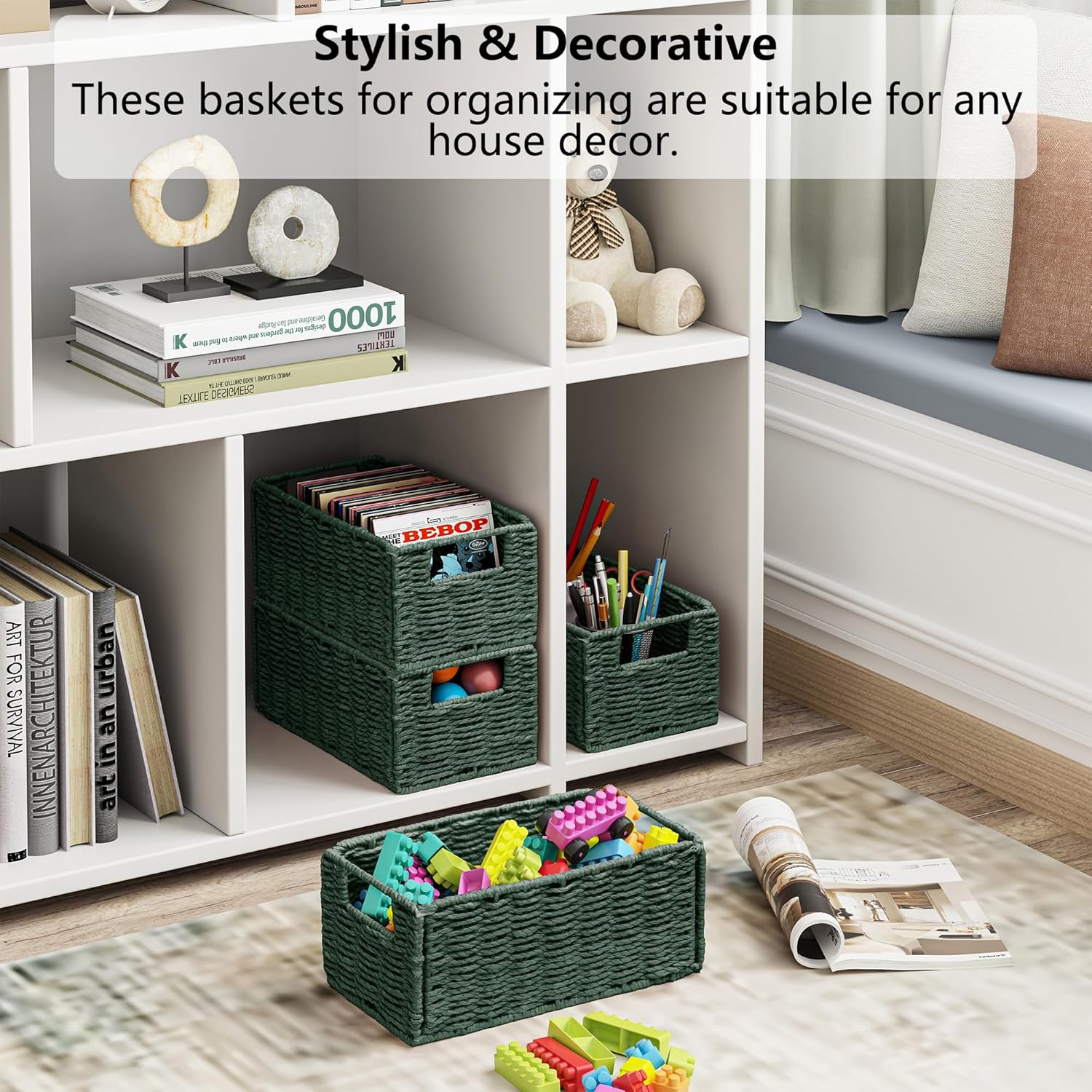 Wicker Storage Basket / Green / 11.2"D x 6.1"W x 4.8"H / Set of 2