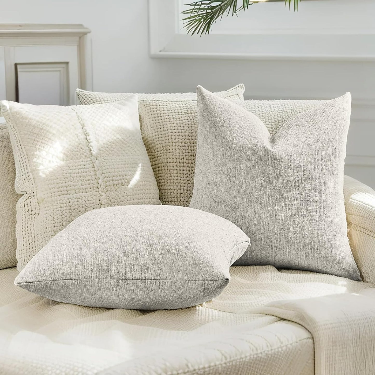 Faux Linen Pillow Covers / Ivory White / 18 x 18 / Set of 2