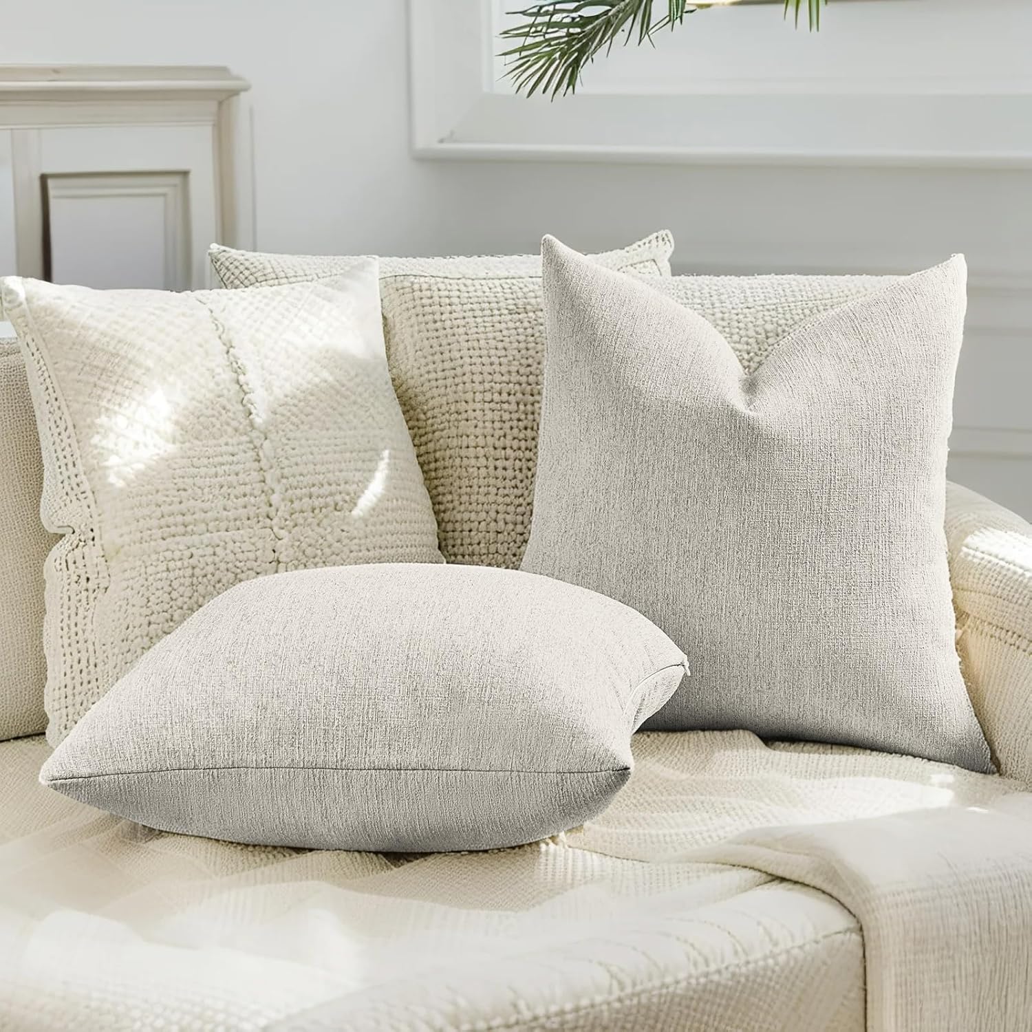Faux Linen Pillow Covers / Ivory White / 18 x 18 / Set of 2