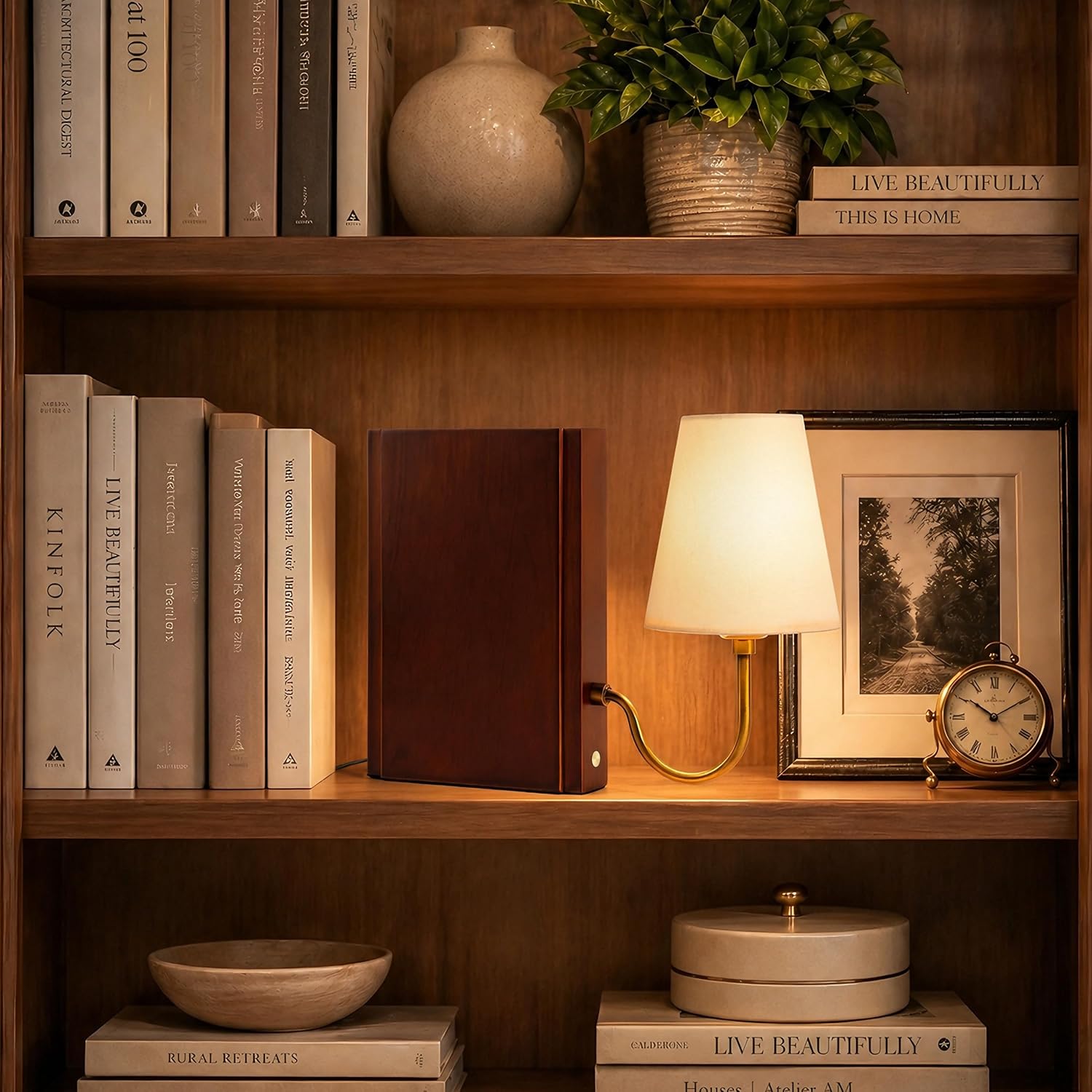 Solid Wood Bookshelf Lamp with Bulb, 3-Color Touch Control Dimmable Table Lamp with Linen Shade, Modern Decorative