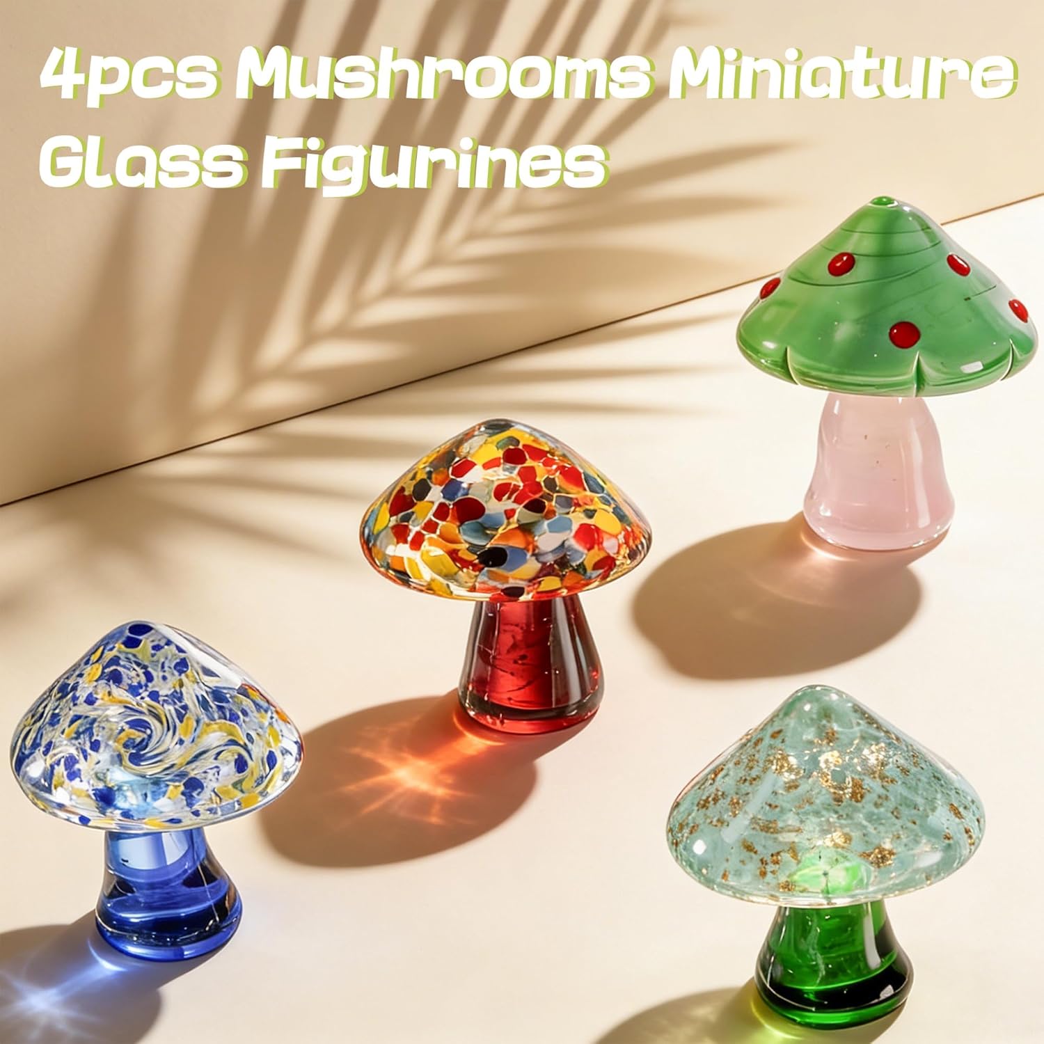 Blown Glass Mushrooms Figurines Miniatures Mushrooms for Fairy Garden / Style 3 / Set of 4
