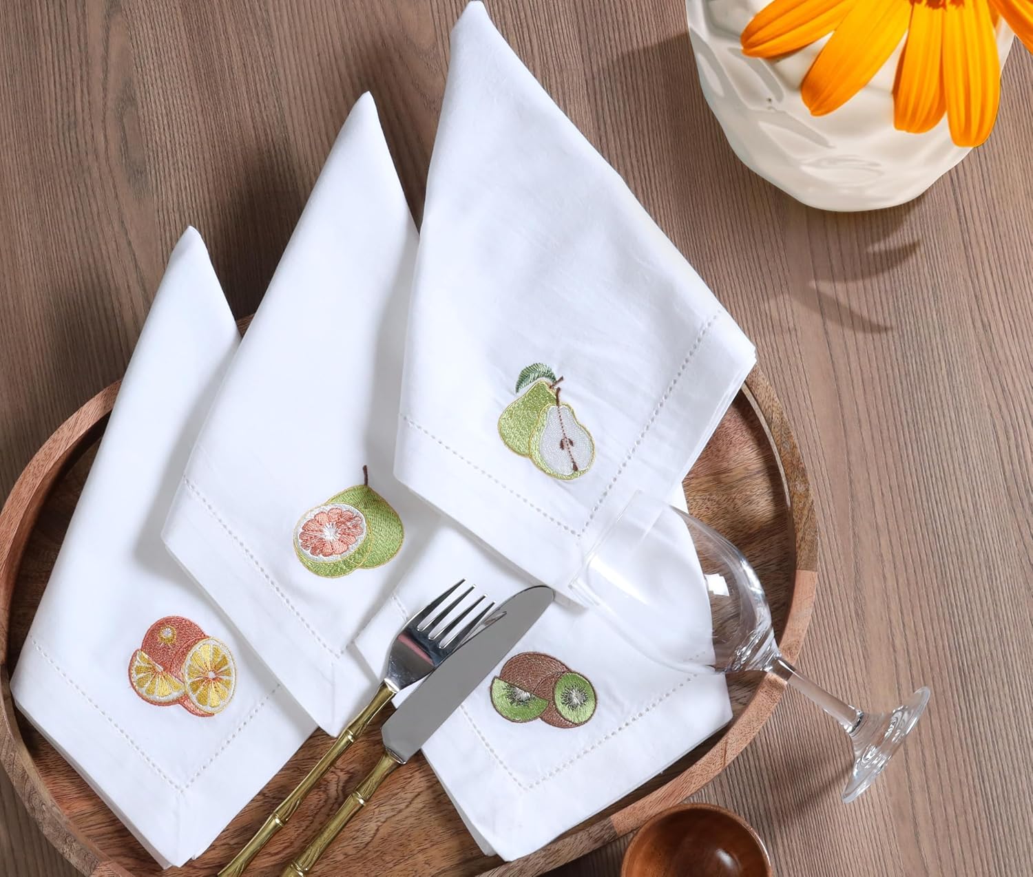 Cotton Dinner Napkins Set of 12, 18x18 White Embroidered Hemstitched Cloth