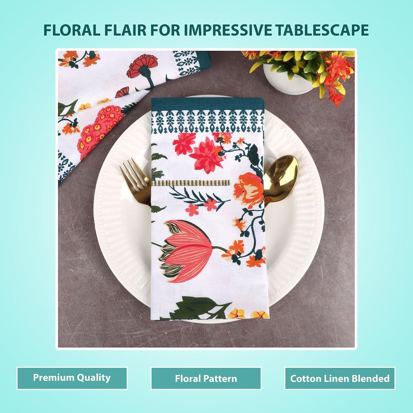 NATURALCRAFT Cloth Napkins Set of 12 Cotton Linen Flower Garden | 20x20 inch Washable Reusable Fabric Soft Durable