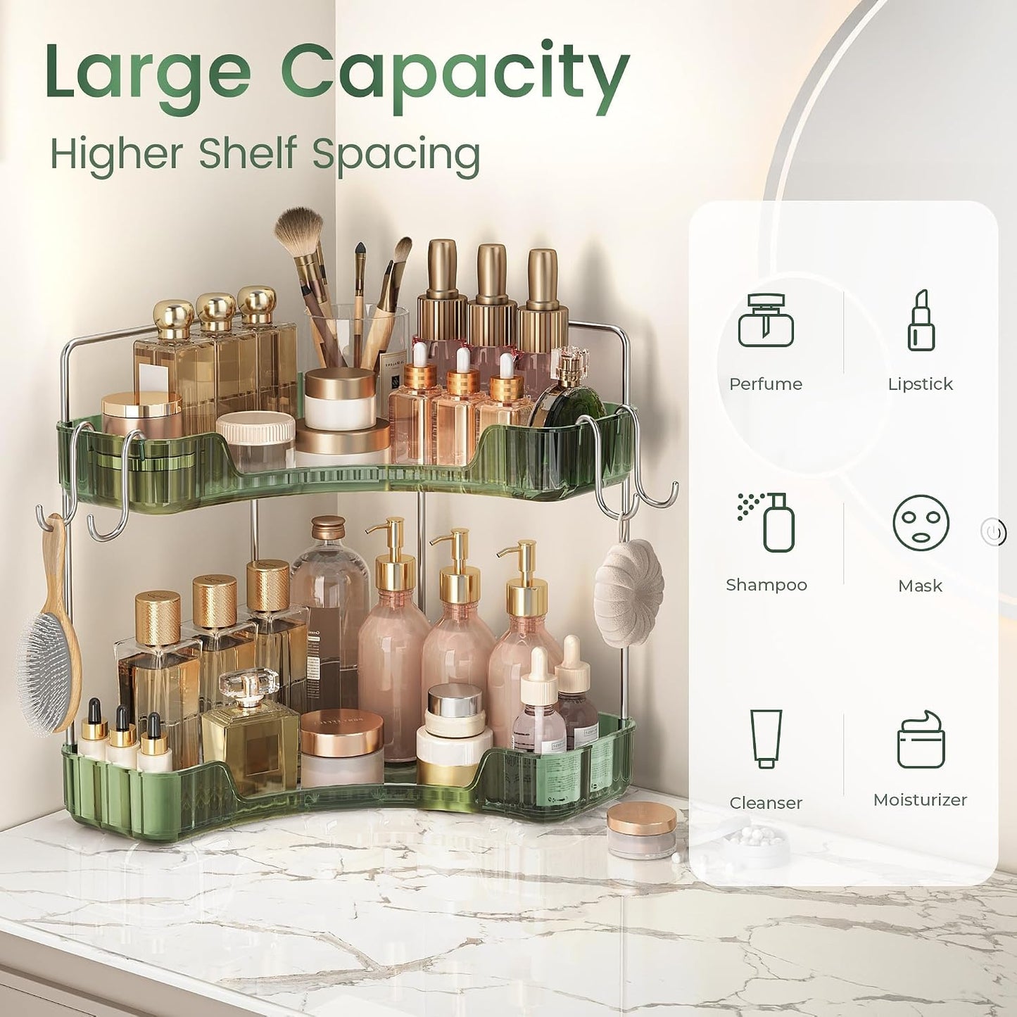 Corner Counter Organizer, 2-Tier Bathroom & Kitchen Storage Tray | PET Green Vanity Organizer Storage Countertop with