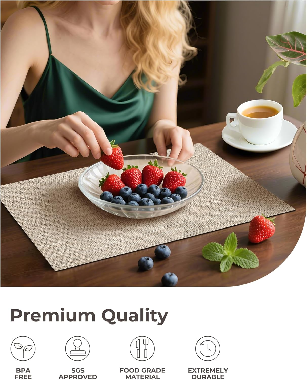 Leetaltree Beige Placemats Set of 8 - Heat Resistant Non-Slip Place mats for Dining Table, Washable Durable PVC Vinyl