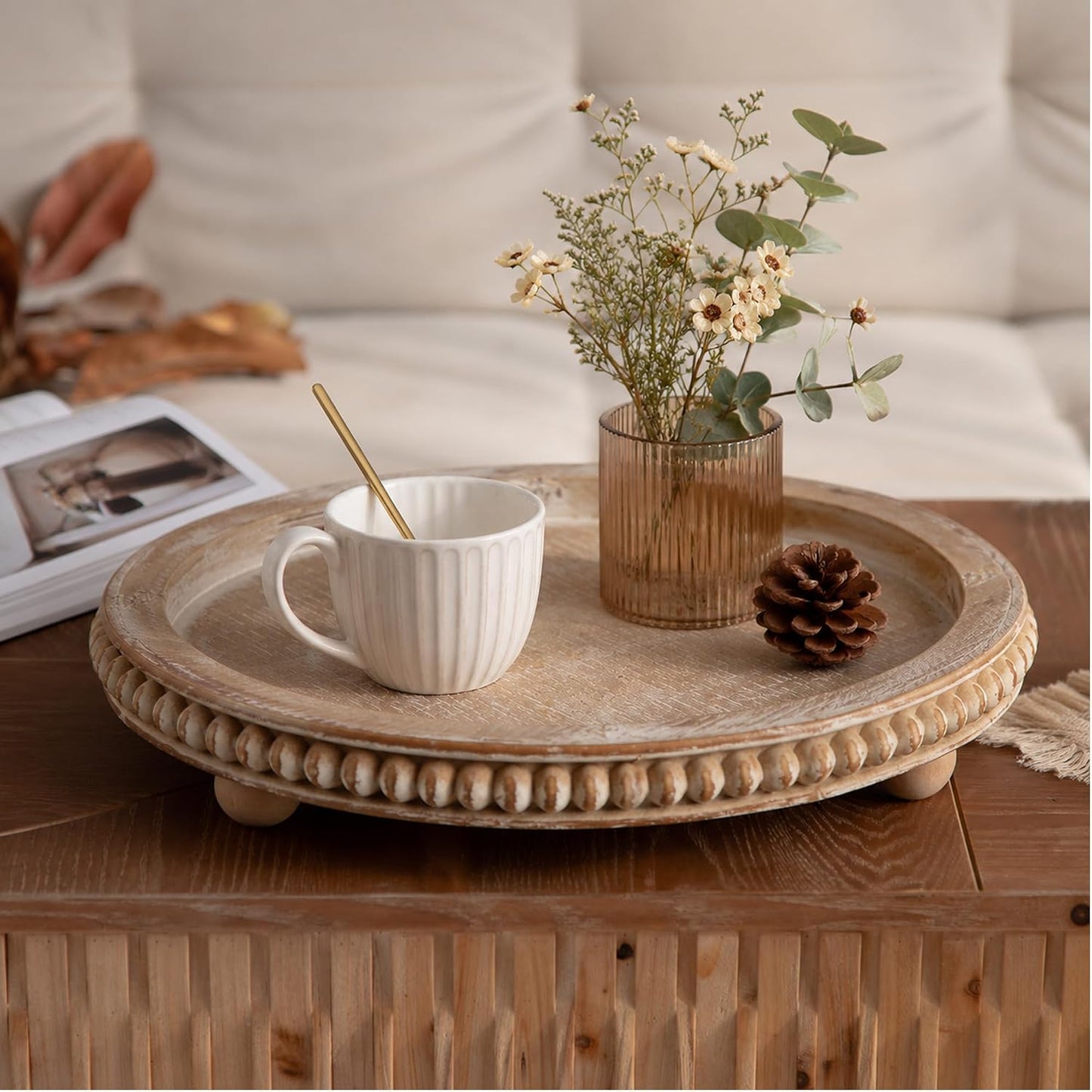 Natural Wood Beaded Tray / Brown / Round