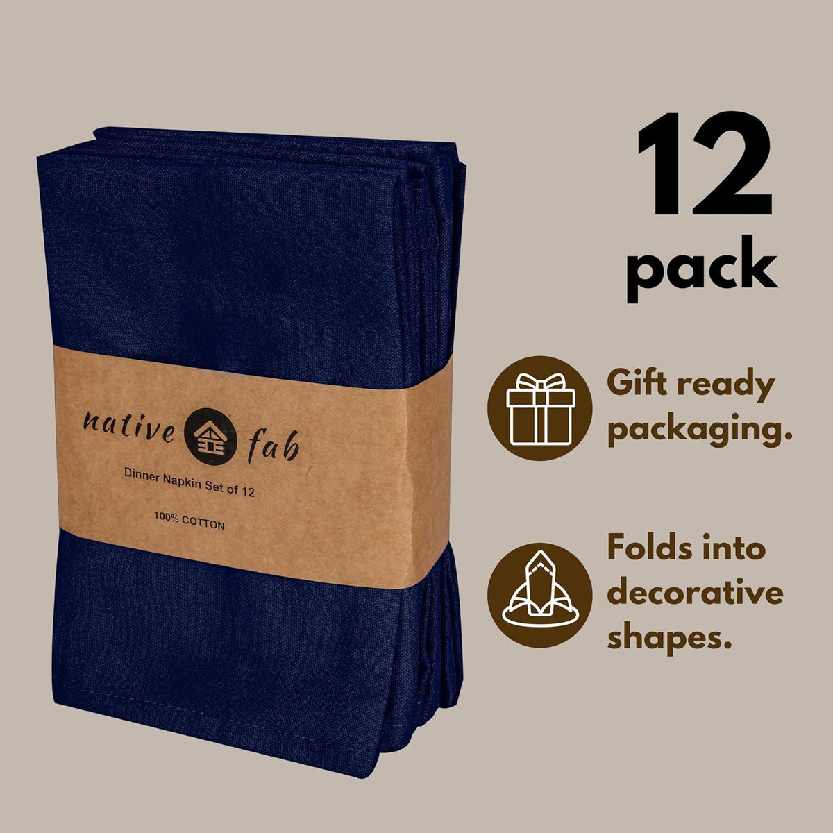 Native Fab Cloth Napkins Set of 12, 100% Cotton, 17" x 17", Washable & Reusable Fabric Linen, Table Decor for Dinner