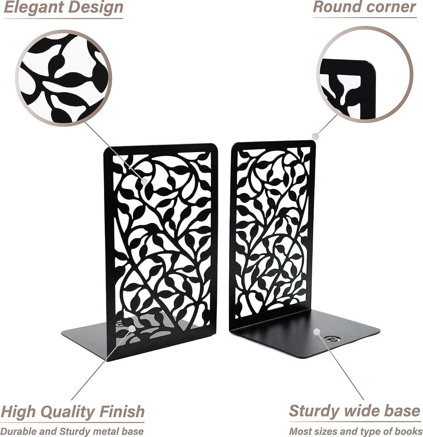 CNK Book Ends for Shelves - Metal Holders for Home Office Heavy Books, Shelf Stoppers, Decorative Set of 2 Black