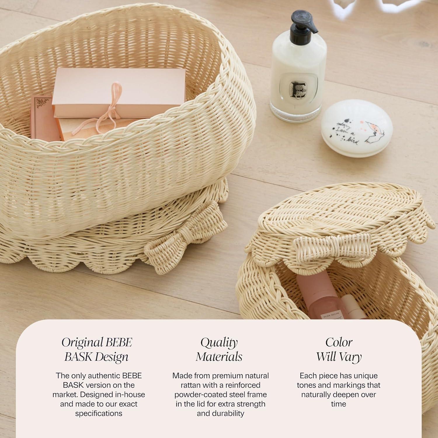 The Original Scalloped Bow Basket / Natural with Bow / 15 x 11 x 6 / Set of 2
