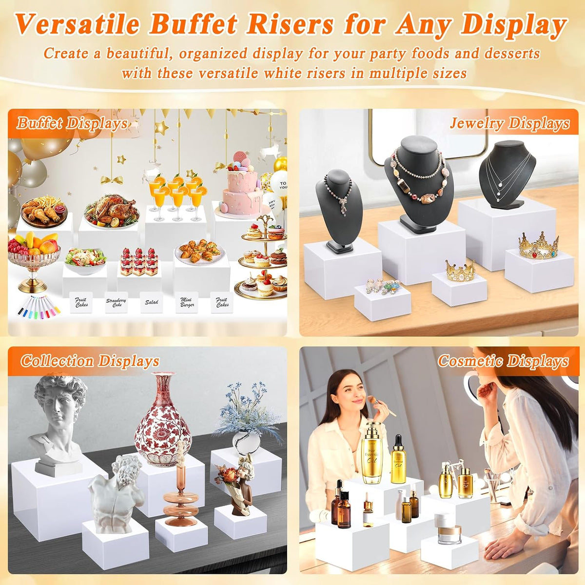 7Pcs White Acrylic Buffet Risers with Mini Sign and Marker, Food Display Risers for Party Catering Dessert Jewelry