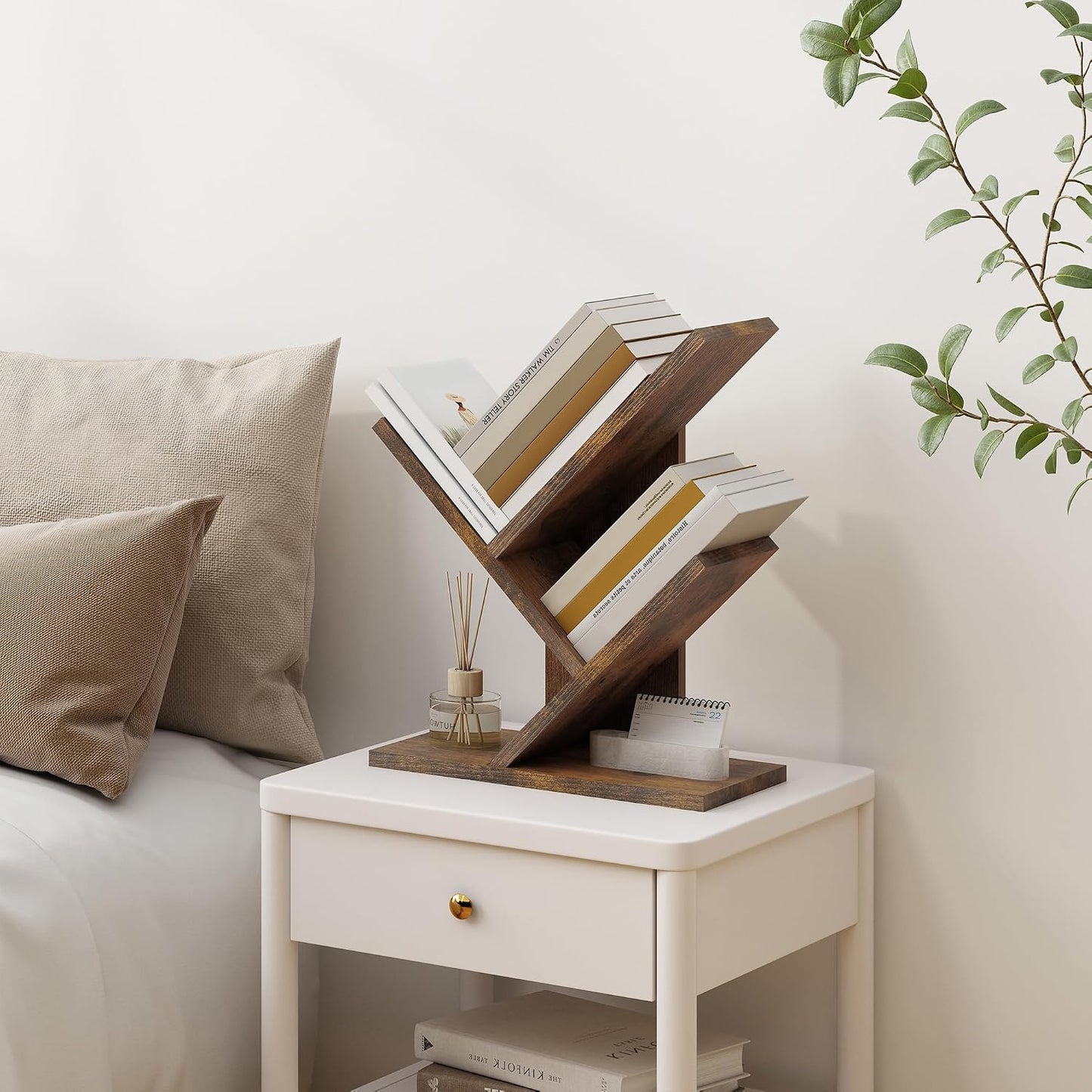 Tree Bookshelf 3-Tier Small Book Organizer, Rustic Brown | Mini Bookshelf, Small Bookcase, Modern Book Storage for