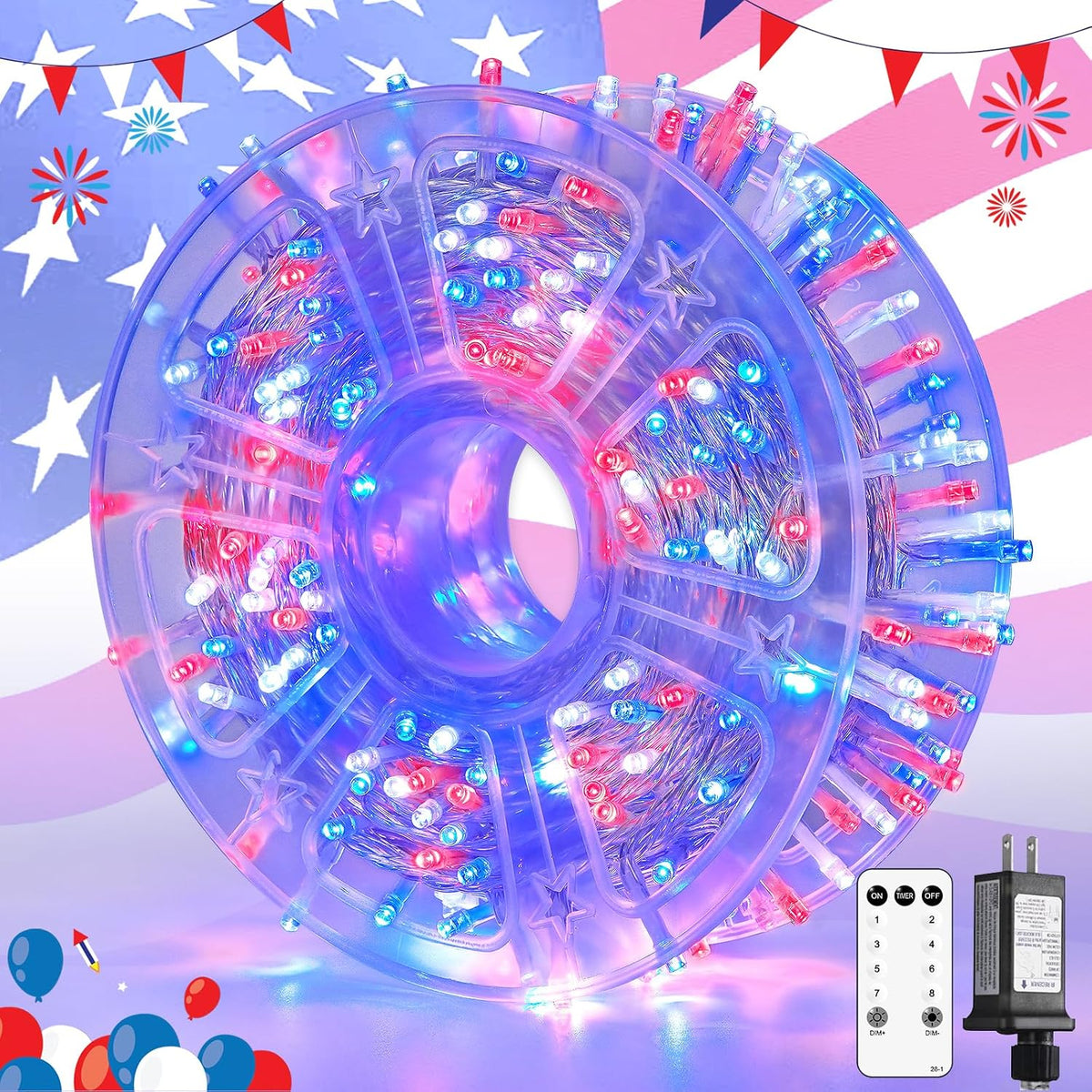 JMEXSUSS 400 LED Red White and Blue String Lights Outdoor, Plug in