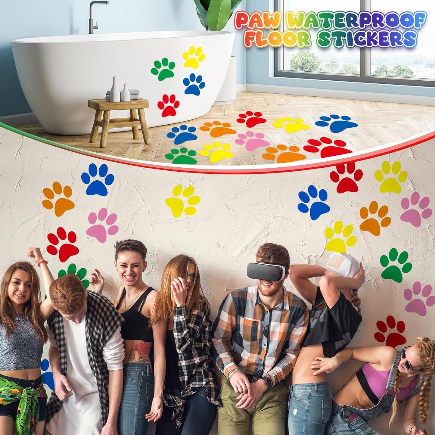 Paw Print Floor Decal 7.5" Large Pawprints Wall Cling Self Adhesive / Multi Color / Set of 30
