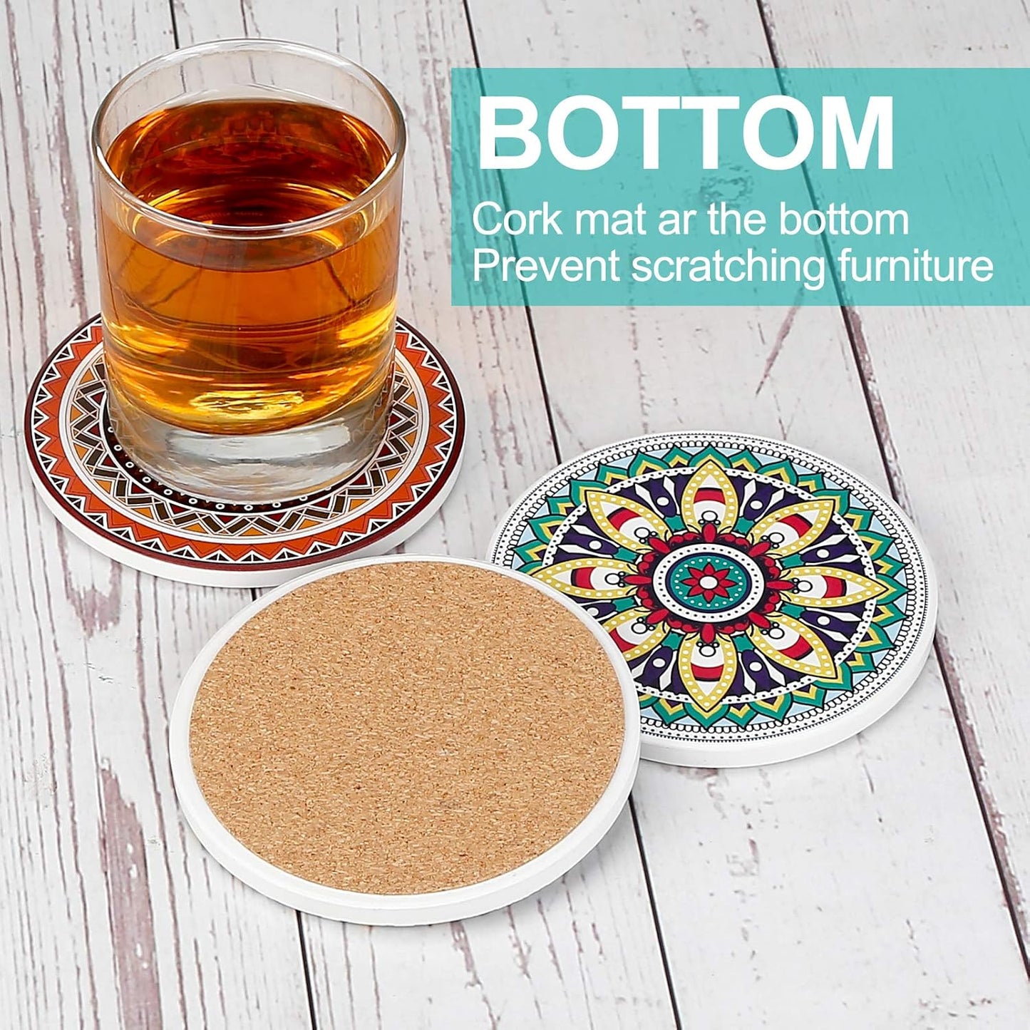 Absorbent Stone Coasters for Wooden Table / Mandala / Set of 8