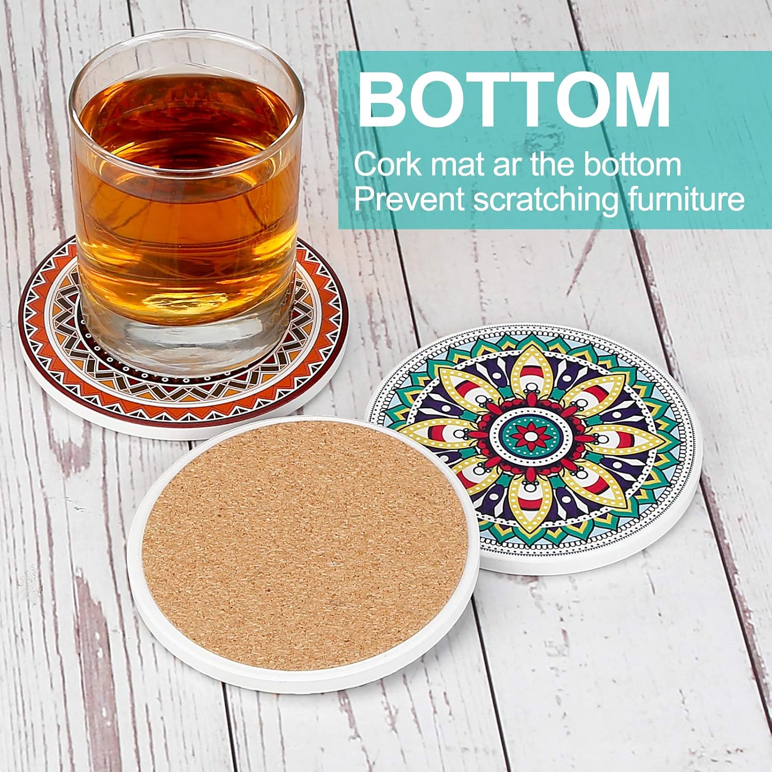 Absorbent Stone Coasters for Wooden Table / Mandala / Set of 8