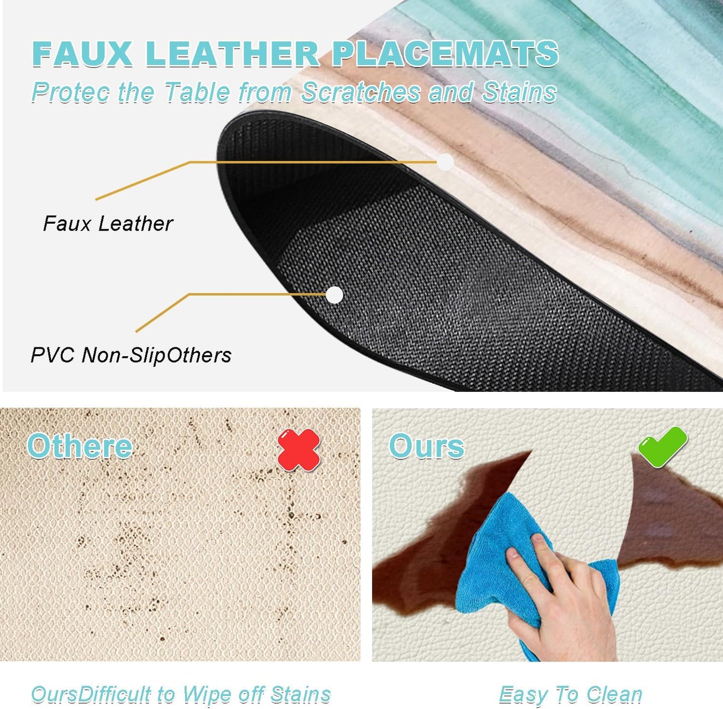 Coastal Placemats Set of 4 - Coastlin Faux Leather Anti Heat Placemats for Dinner Table, Non-Slip Waterproof Oil-Proof