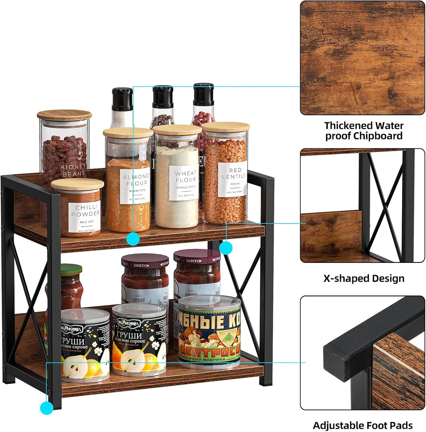 Giikin Countertop Shelf Organizer, 2 Tier Kitchen Spice Rack for Countertop, Wood Coffee Counter Shelf Organizer for