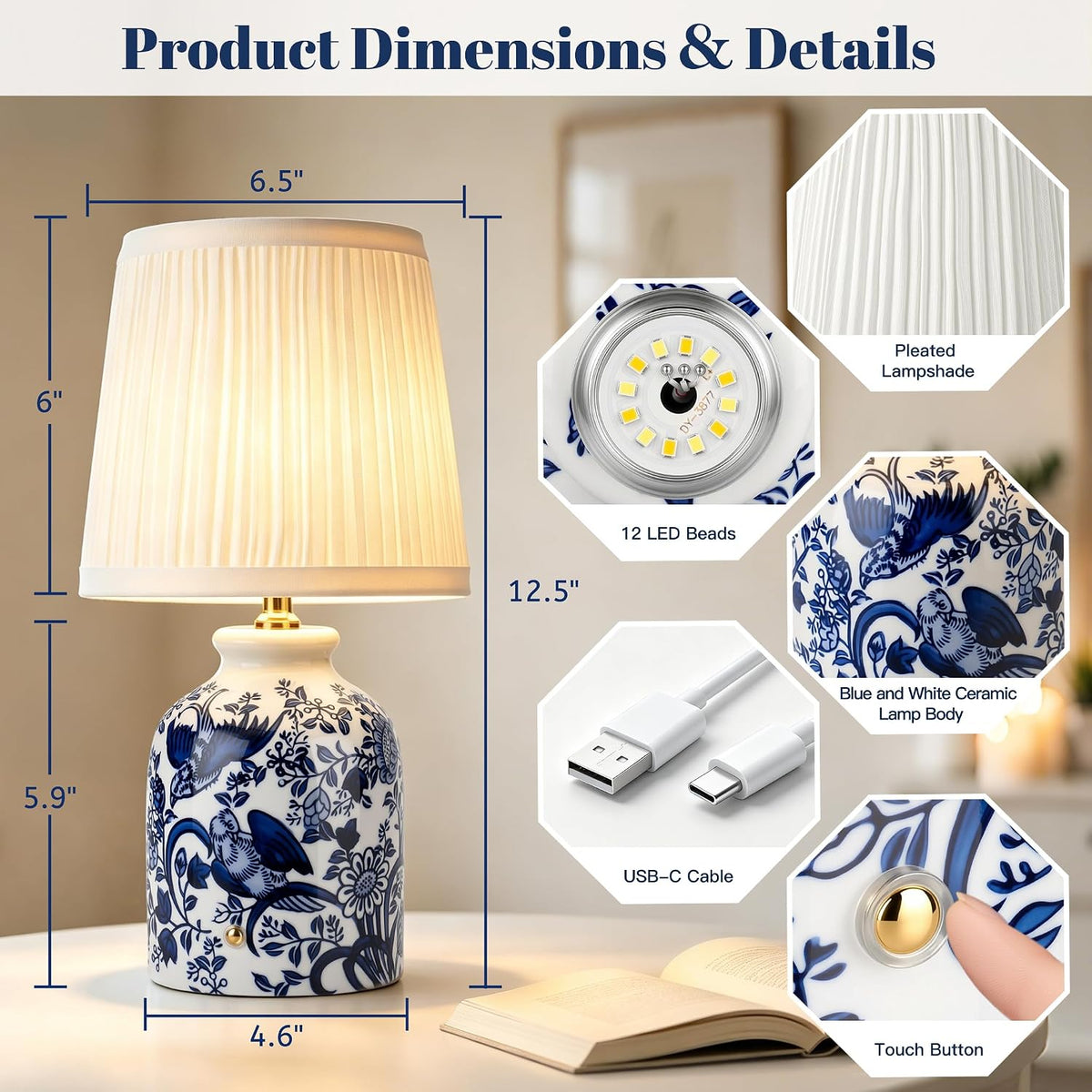 ShineTech Rechargeable Cordless Small Ceramic Table Lamps Set of 2, Blue