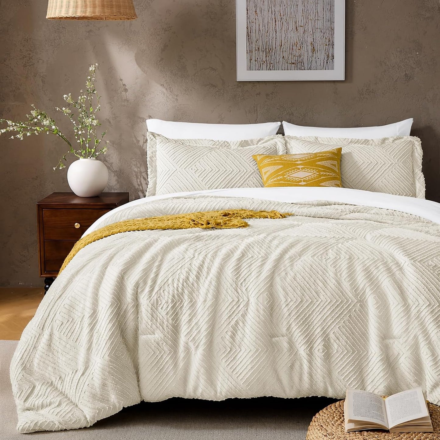 Bedsure Tufted Boho Comforter Set King Size - Yellow Boho Bed Set, GentleSoft™ 3 Pieces Farmhouse-Style Embroidery
