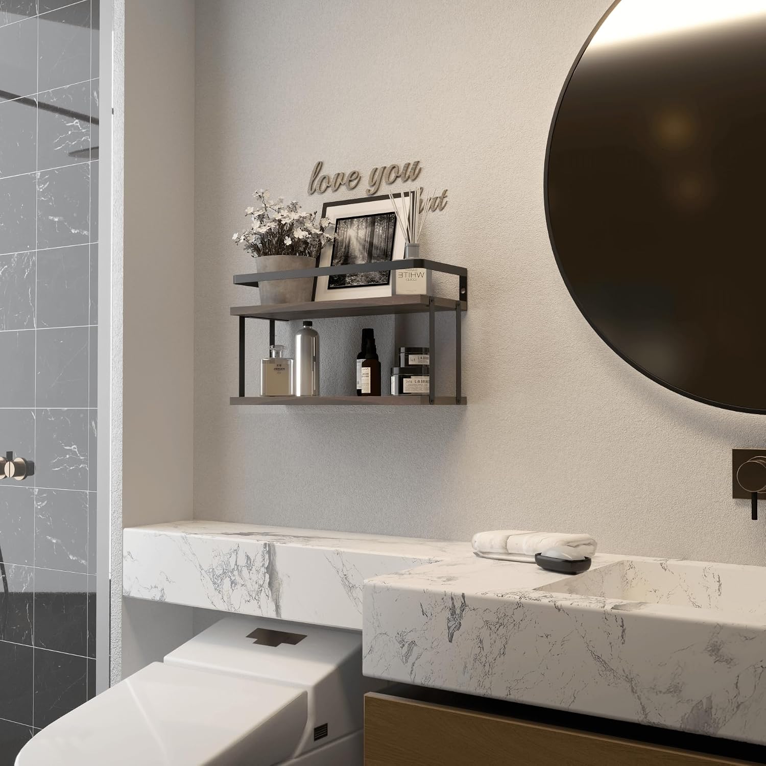 RICHER HOUSE Floating Shelves Bathroom, Wall Mounted Shelf Over Toilet | Dual-Level, with Metal Guard-Rail, Organizers