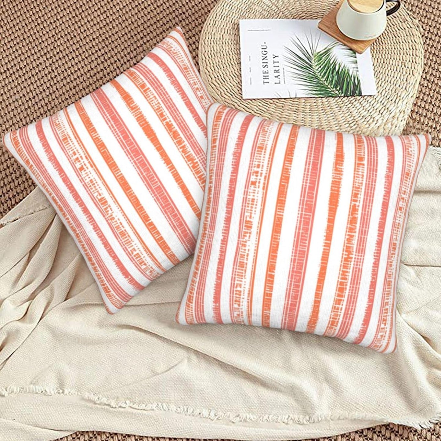 Boho Coral Pink Orange Striped Throw Pillow Covers / 18 x 18 / Boho Coral Orange Striped / Set of 2