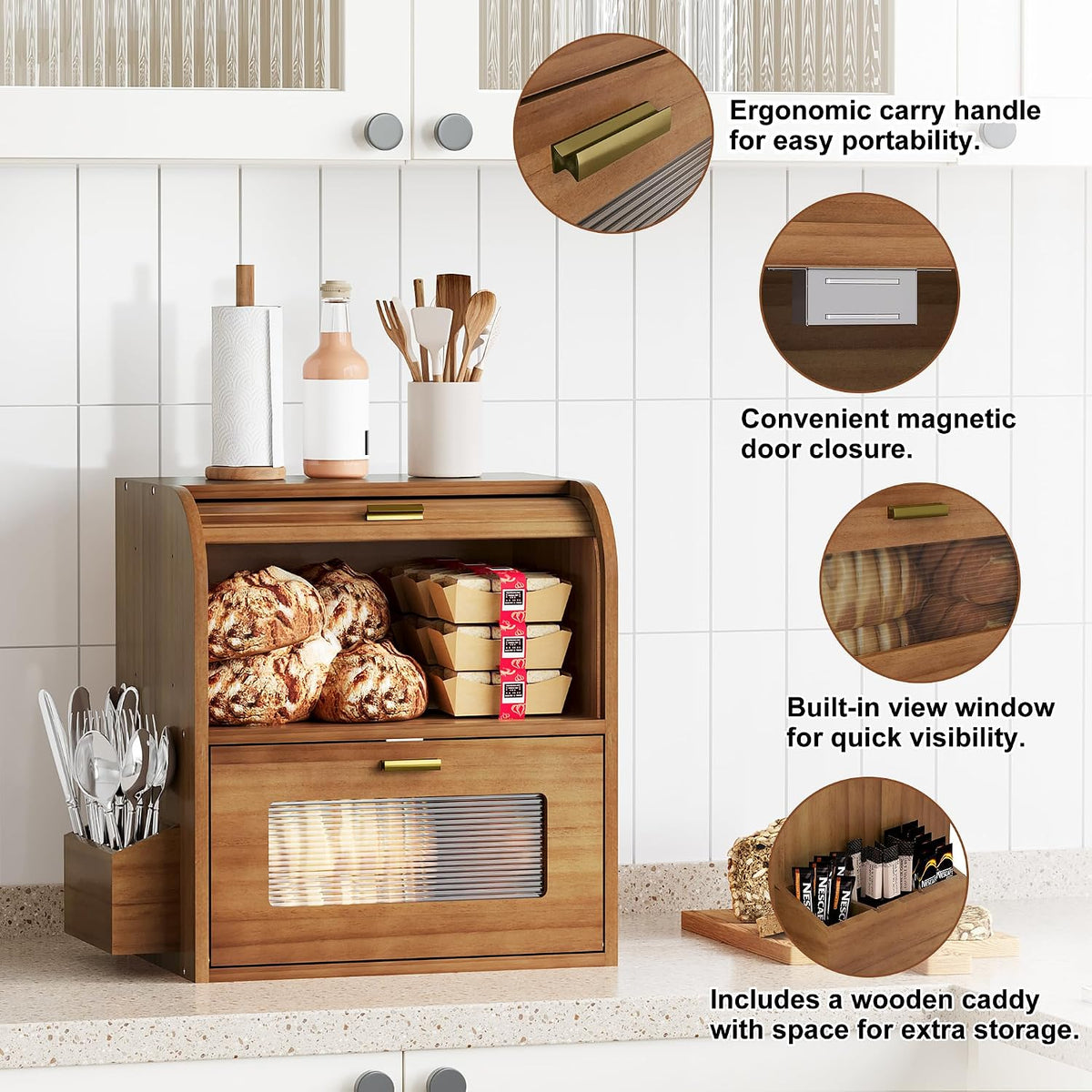 TQVAI Roll Top Bread Box for Kitchen Countertop, Keep Fresh Longer, Easy to Maintenance, Double Layer Vintage Wooden