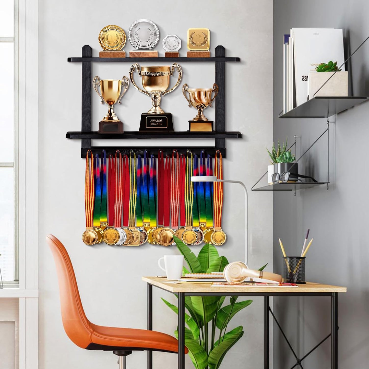 LAVIEVERT Wooden Medal Hanger & Trophy Shelf, Wall-Mounted Race Display with 2 Tier Storage Shelf and 19 Hanging Bars