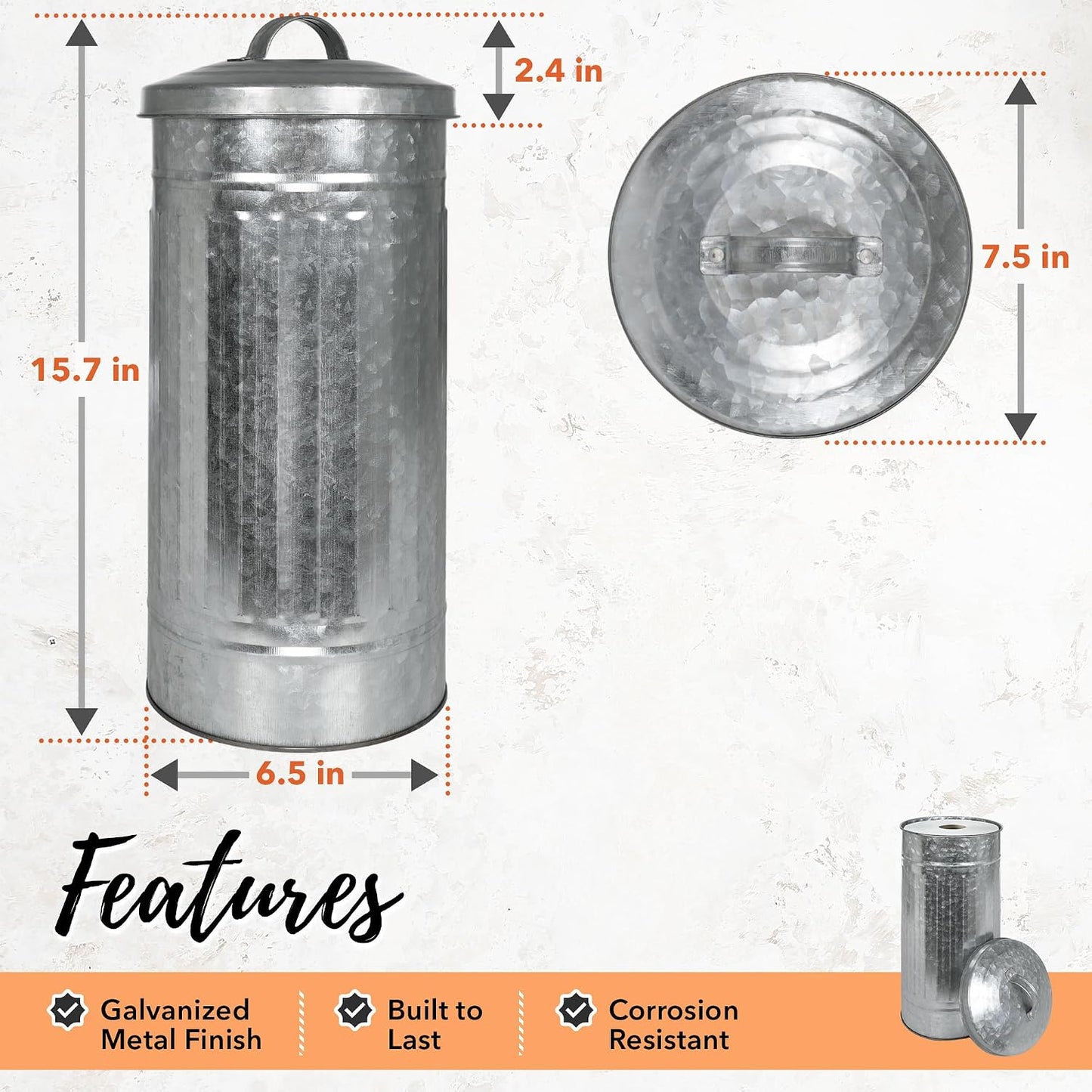 Autumn Alley Farmhouse Galvanized Metal Free Standing Toilet Paper Holder Organizer Stand Canister with Lid – Fits 3