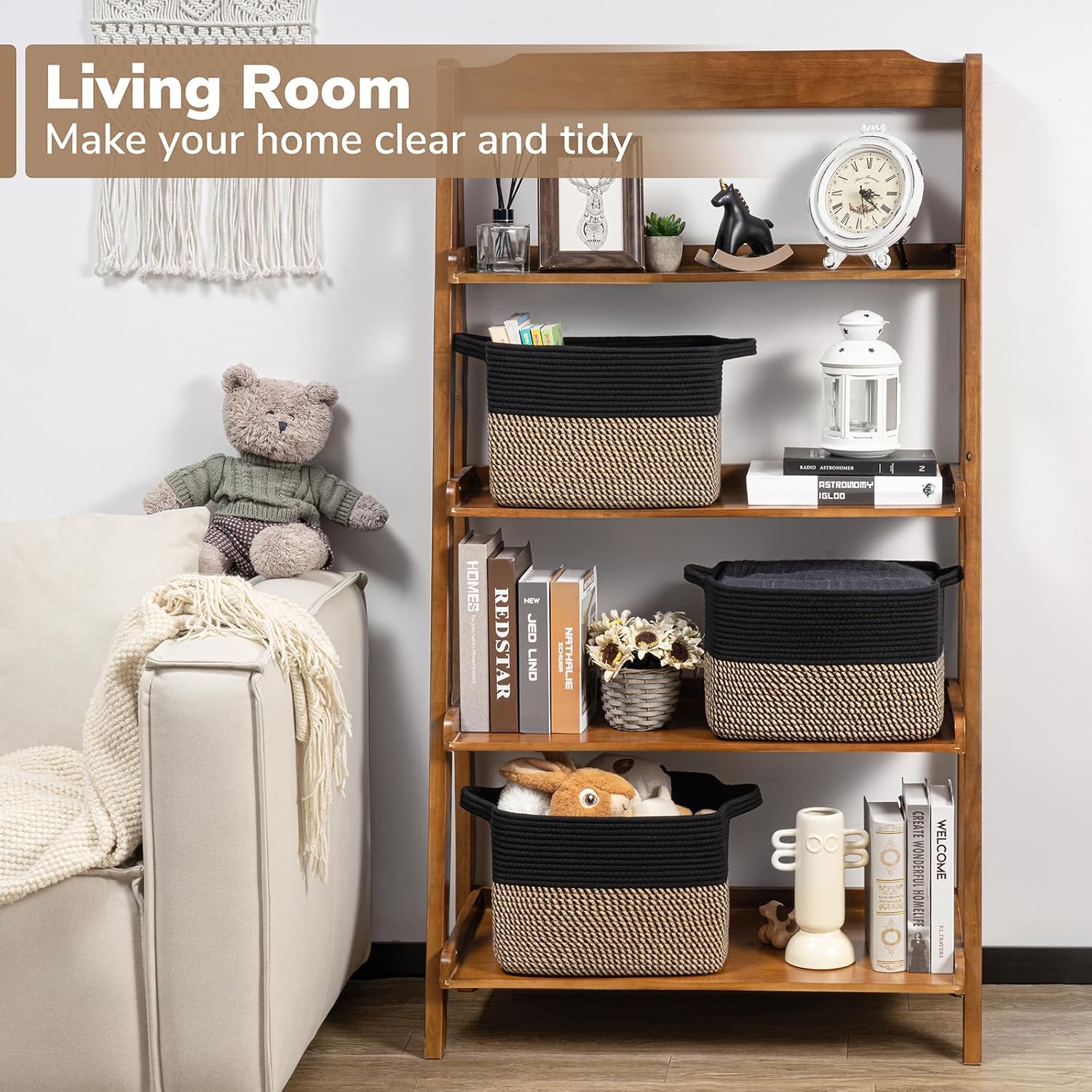 Closet Shelf Woven Baskets / Black / 13"L x 10"W x 9"H